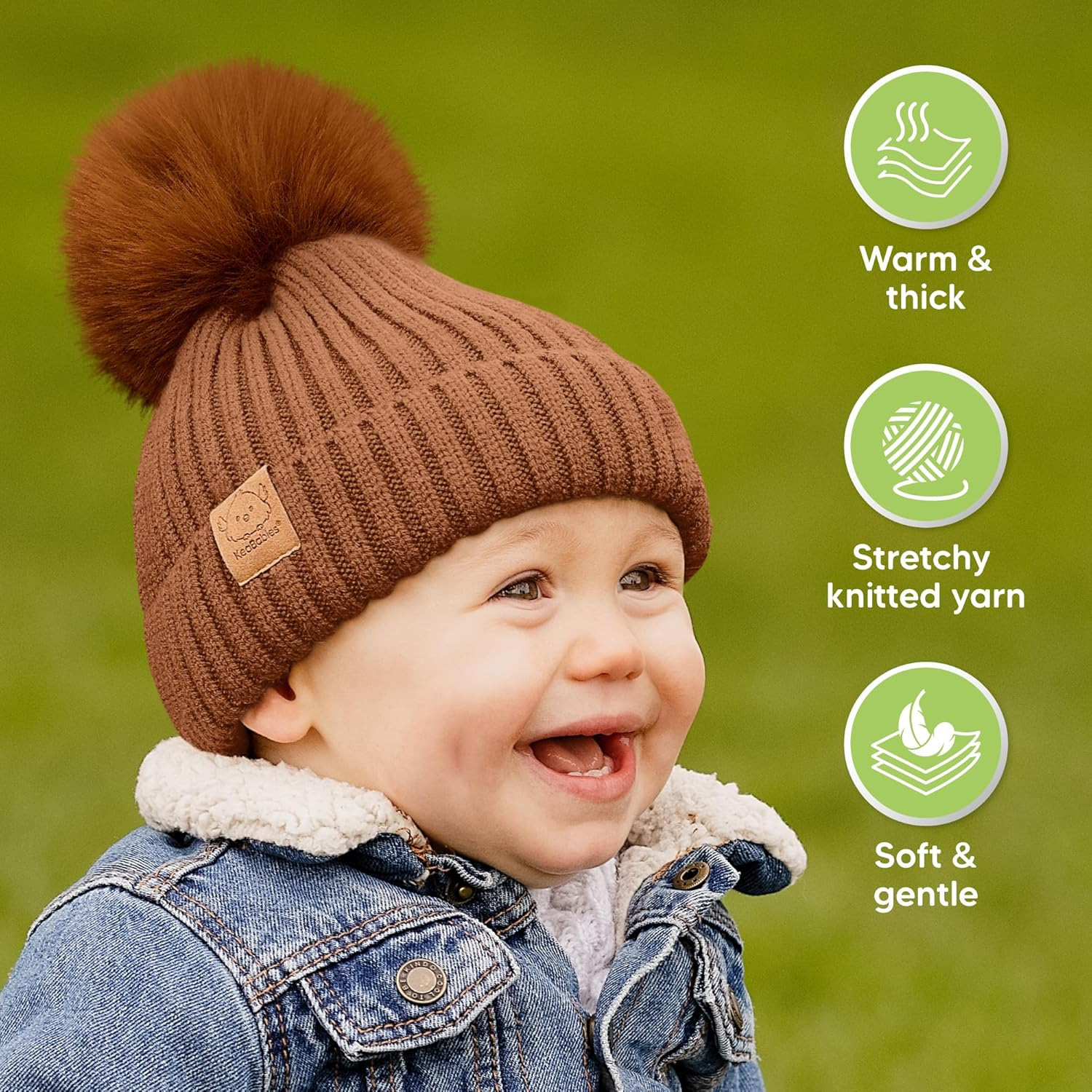 Keababies 2-Pack Baby Hats for Girls, Boys - Stretchy Baby Beanies, Cute Newborn & Toddler Winter Hat, Soft & Warm Pom Pom Beanie for Infant, Toddler, Boys, Girls 0-6 Months (Rust, S) image number 3