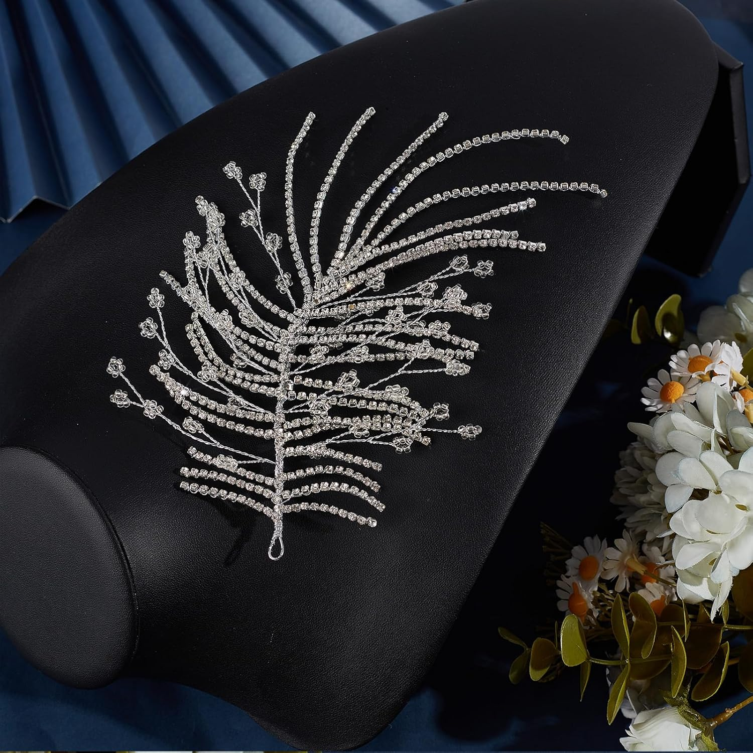 NICENEEDED Wedding Crystal Bridal Headband, Silver Women'S Rhinestone Leaf Side Hair Pieces, Boho Vintage Hair Accessories for Bridesmaids Party