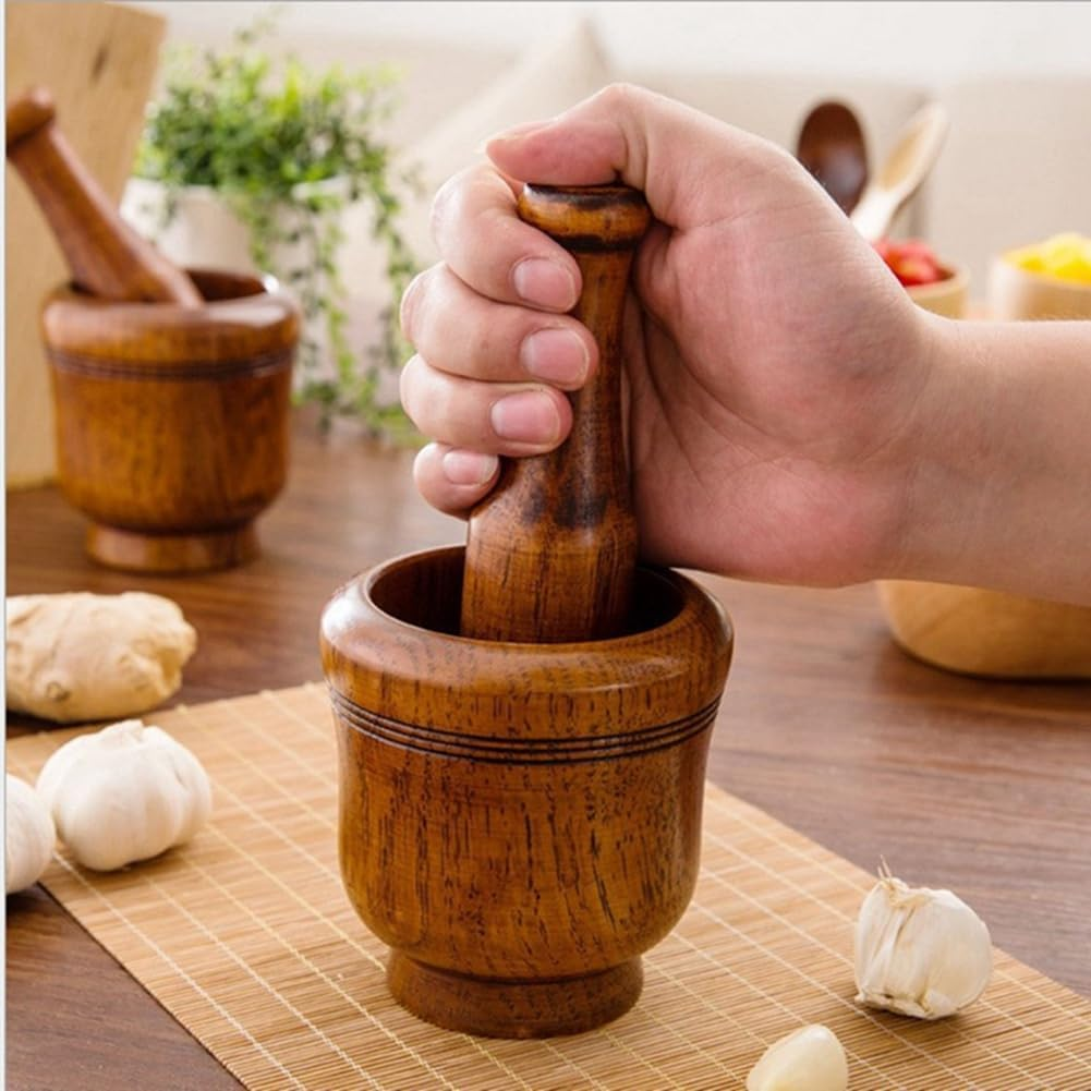 Wooden Mortar and Pestle Set,Mortar and Pestle Wood Wooden Mortar Pestle Grinding Bowl Set Garlic Crush Pot Kitchen Tool Easy Install image number 5