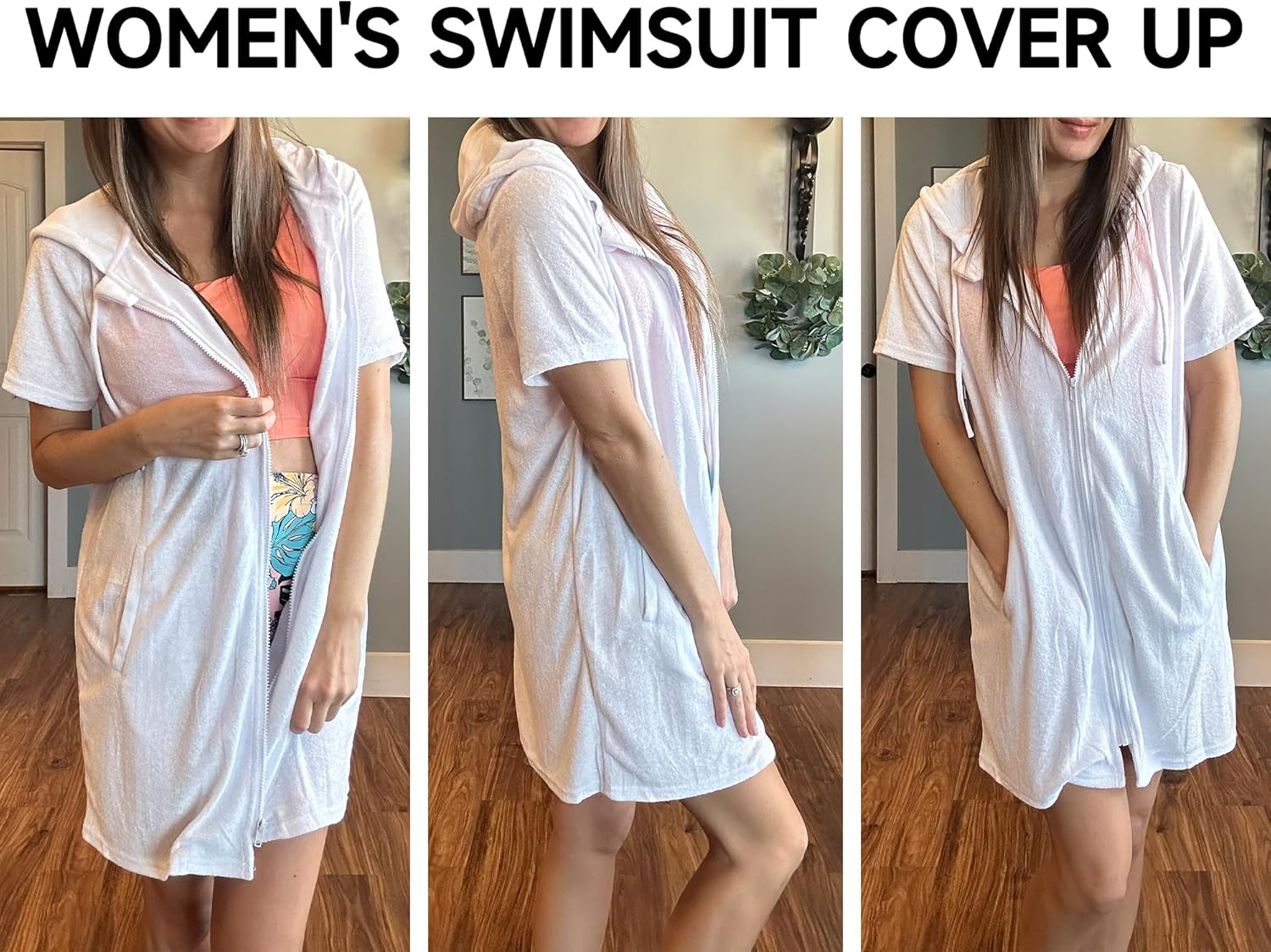 Bsubseach Terry Cloth Cover up for Women Zipper Hooded Swim Robes Beach Shirt with Pockets image number 1