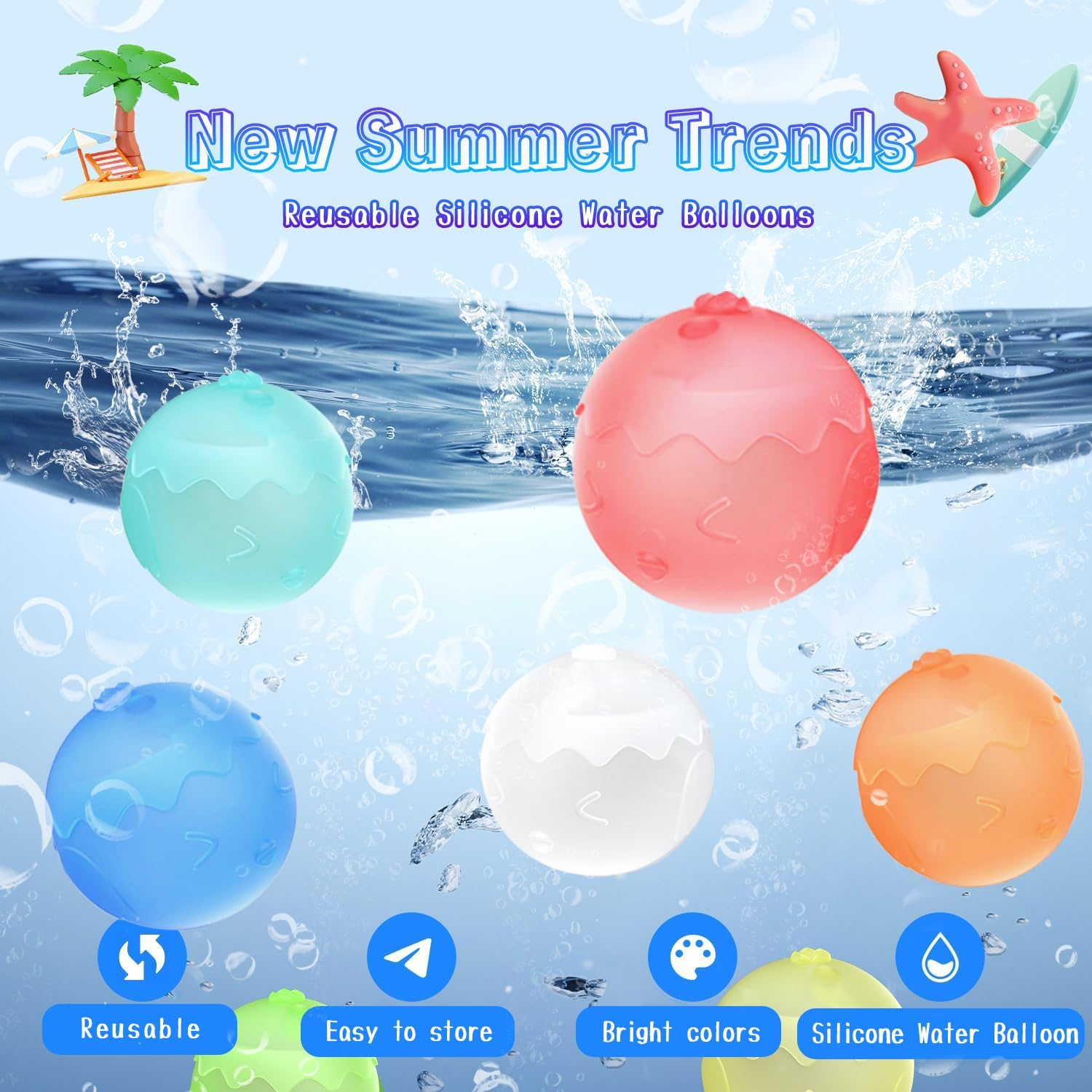 8Pcs Reusable Water Balloons, 6 Color Silicone Self Sealing Water Balls, Water Toys for Kids and Adults, Soft Water Bombs Fun Outdoor Beach Bath Water Toys Summer Swimming Pool Party Supplies image number 2