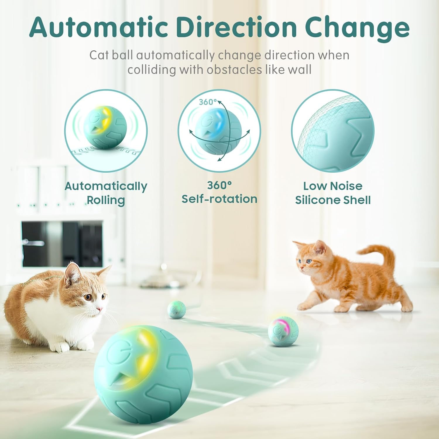 Interactive Cat Toy Ball, Baytion Cat Balls Automatic Moving Rolling Cat Toys for Indoor Cat Kitten, with 2 Modes, LED Lights Changeable, Type-C Rechargeable, Mintgreen image number 6