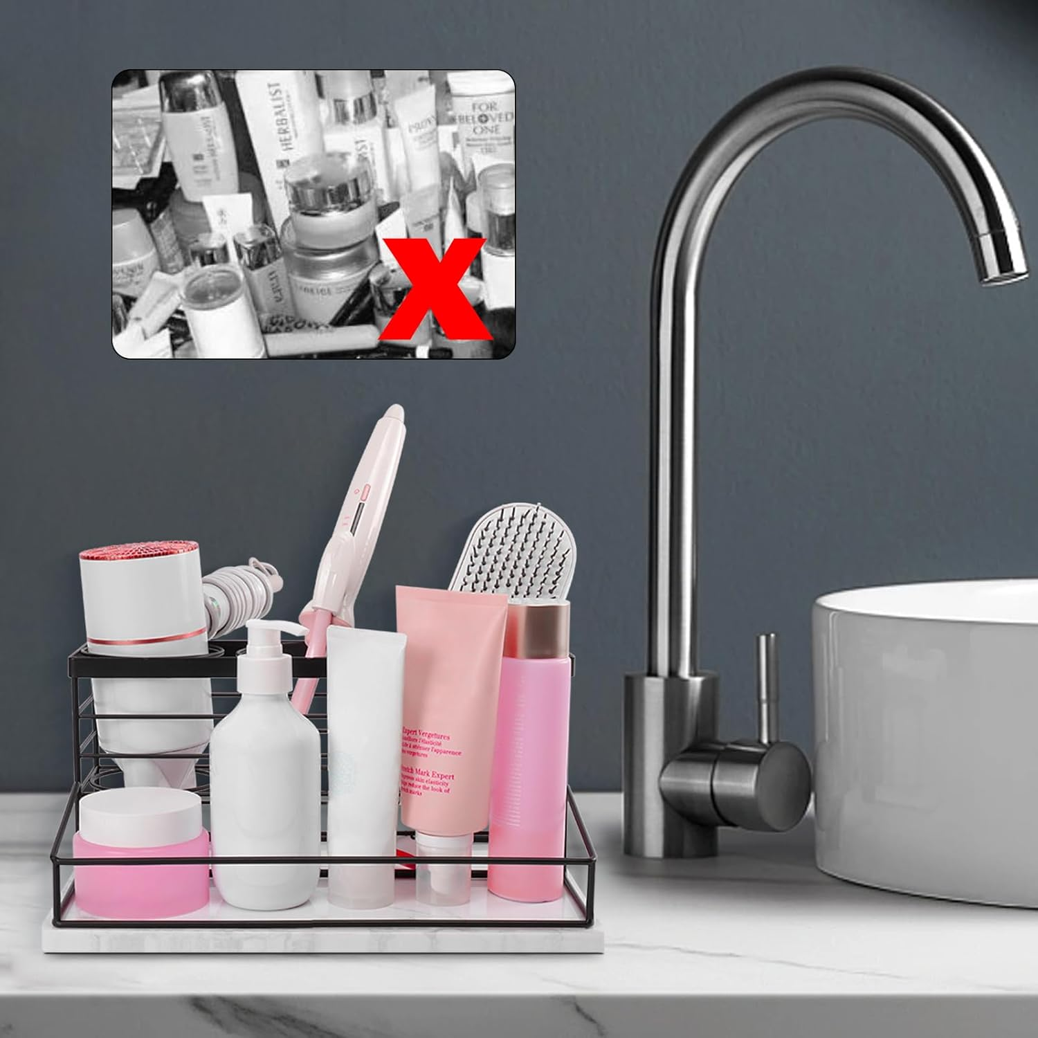 Siyzda Hair Tool Organizer, Movable Hair Dryer Holder, Hair Styling Tools Storage for Vanity, Bath Counter Organizer, Bathroom Trays for Hair Toiletry, Makeup (12" L&times;7.7" W, Marble-Black) image number 2