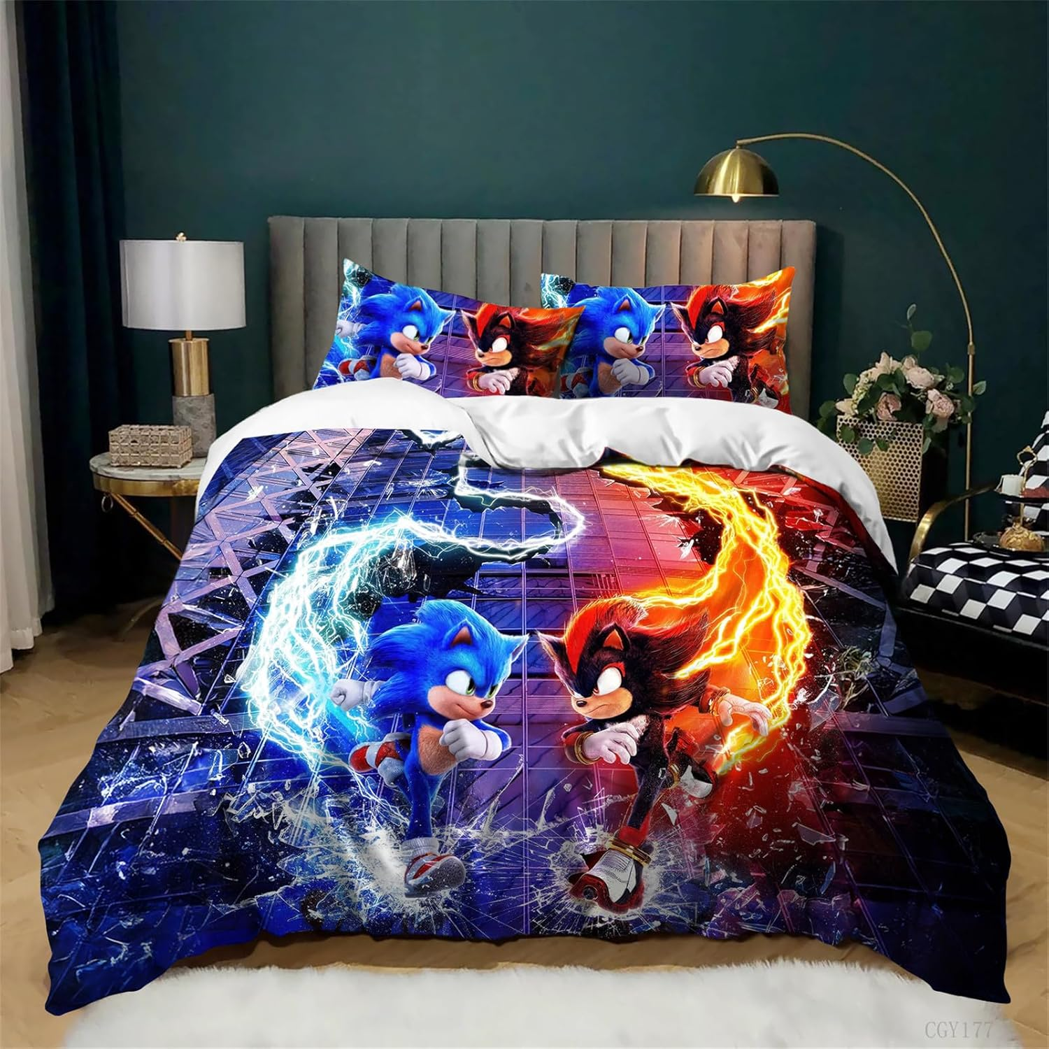 Kids Bedding Set 3 Pieces Movie Sonic Duvet Cover Set All Season Soft Lightweight Duvet Cover with Zipper Closure