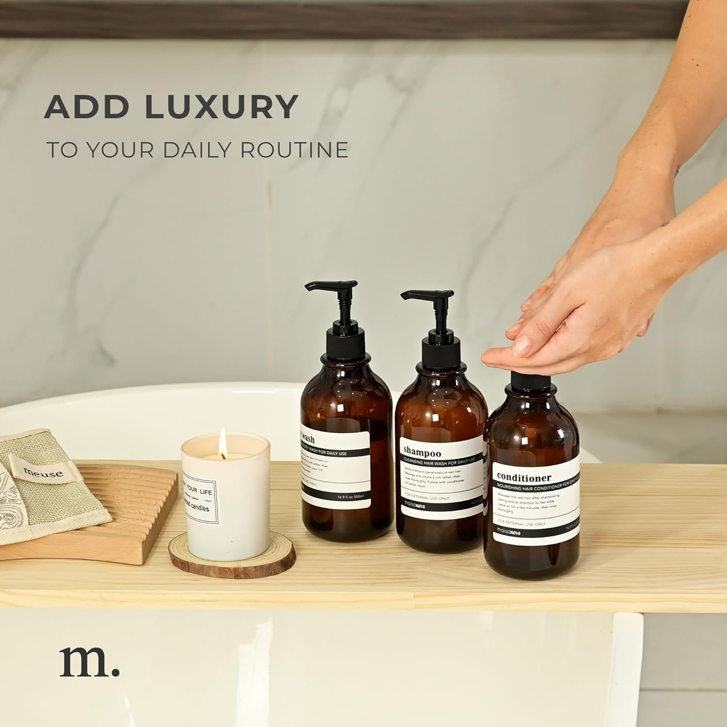 Maisonovo Apothecary Dispenser Bottle for Bathroom and Kitchen - Refillable for Shampoo Lotion Oil Shower Soap Hand Soap and Dish Soap - 3 Plastic Bottles image number 5