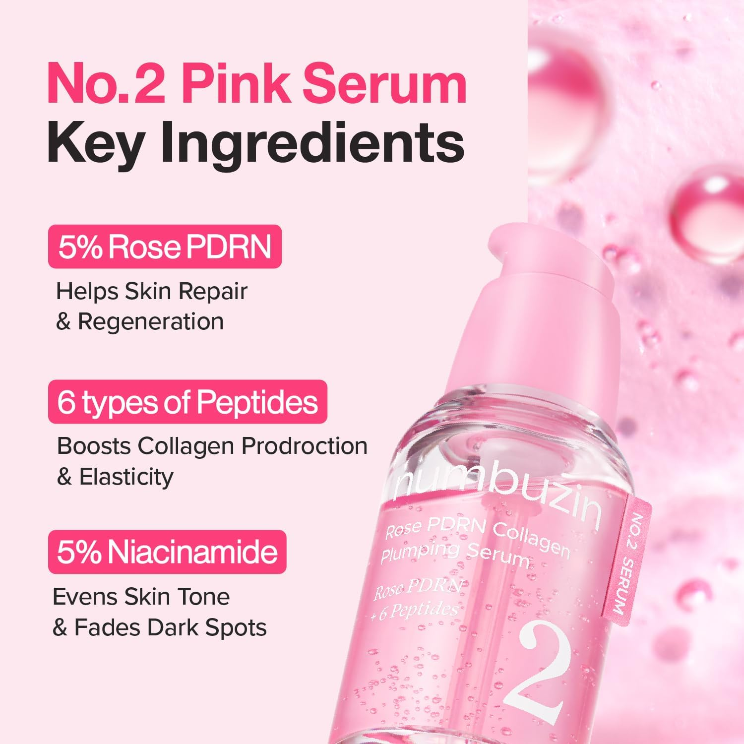 Numbuzin No.2 Serum | Rose PDRN Collagen Plumping Serum | Glowing, Hydrating, Firming, Korean Skincare | Collagen, Peptides, PDRN | for Dry, Combination Skin | 1.01 Fl.Oz. image number 5
