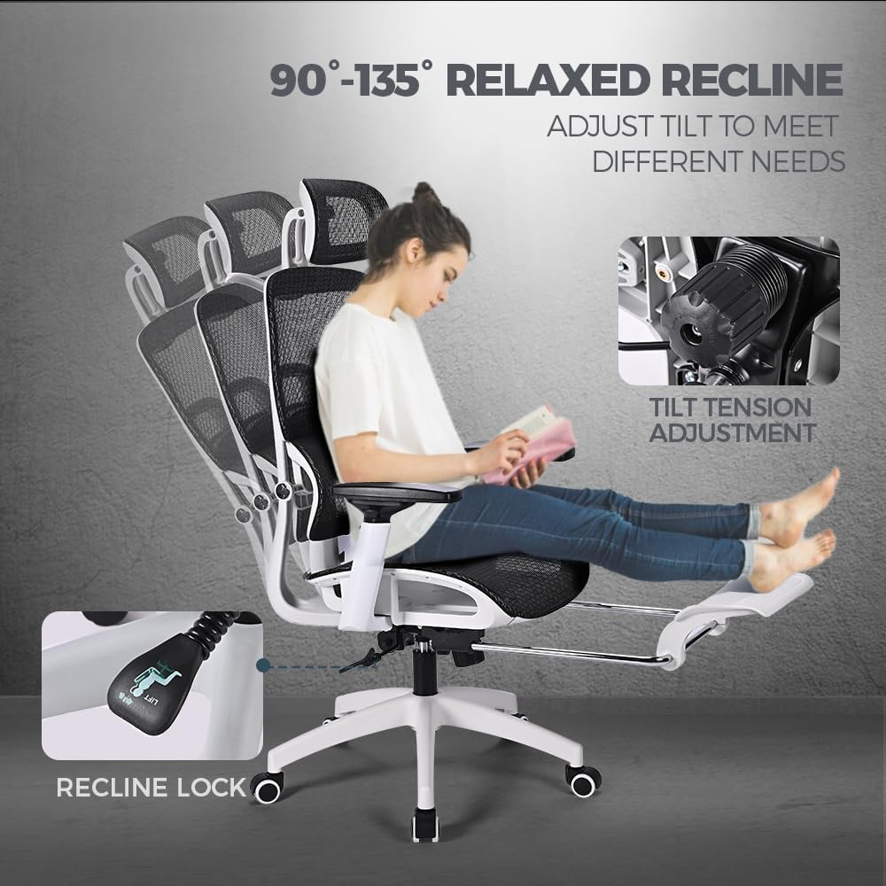 Furb Ergonomic Office Chair with Breathable Mesh, Adjustable Headrest and Lumbar Support High Back Computer Desk Office Chair for Home Office, Gaming, and Study White and Black