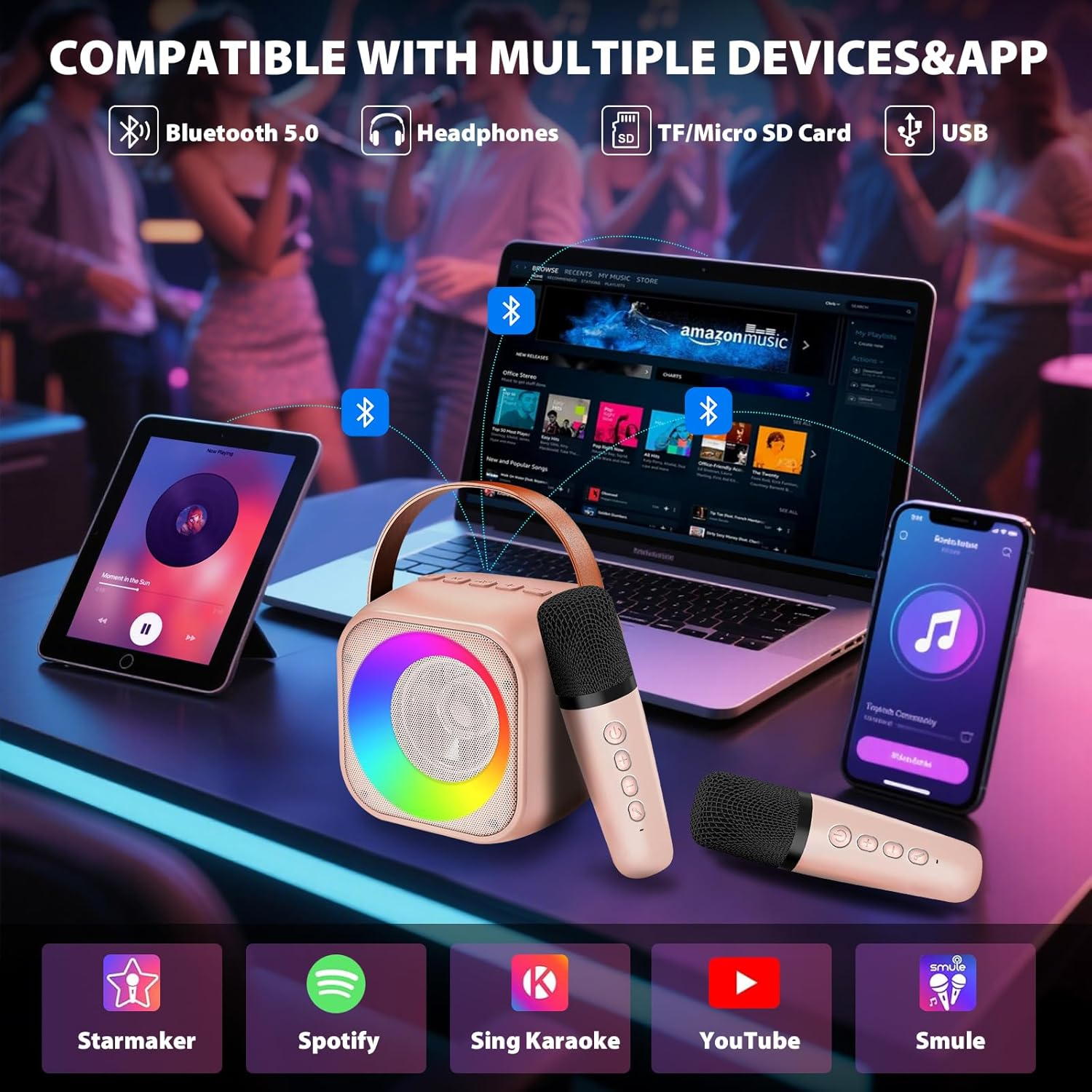 Mini Karaoke Machine for Kids Adults, Portable Bluetooth Speaker with 2 Wireless Microphones, Microphone and Speaker Set with Disco Light for Home Party Christmas Birthday Gift for Girls Boys - Black image number 3