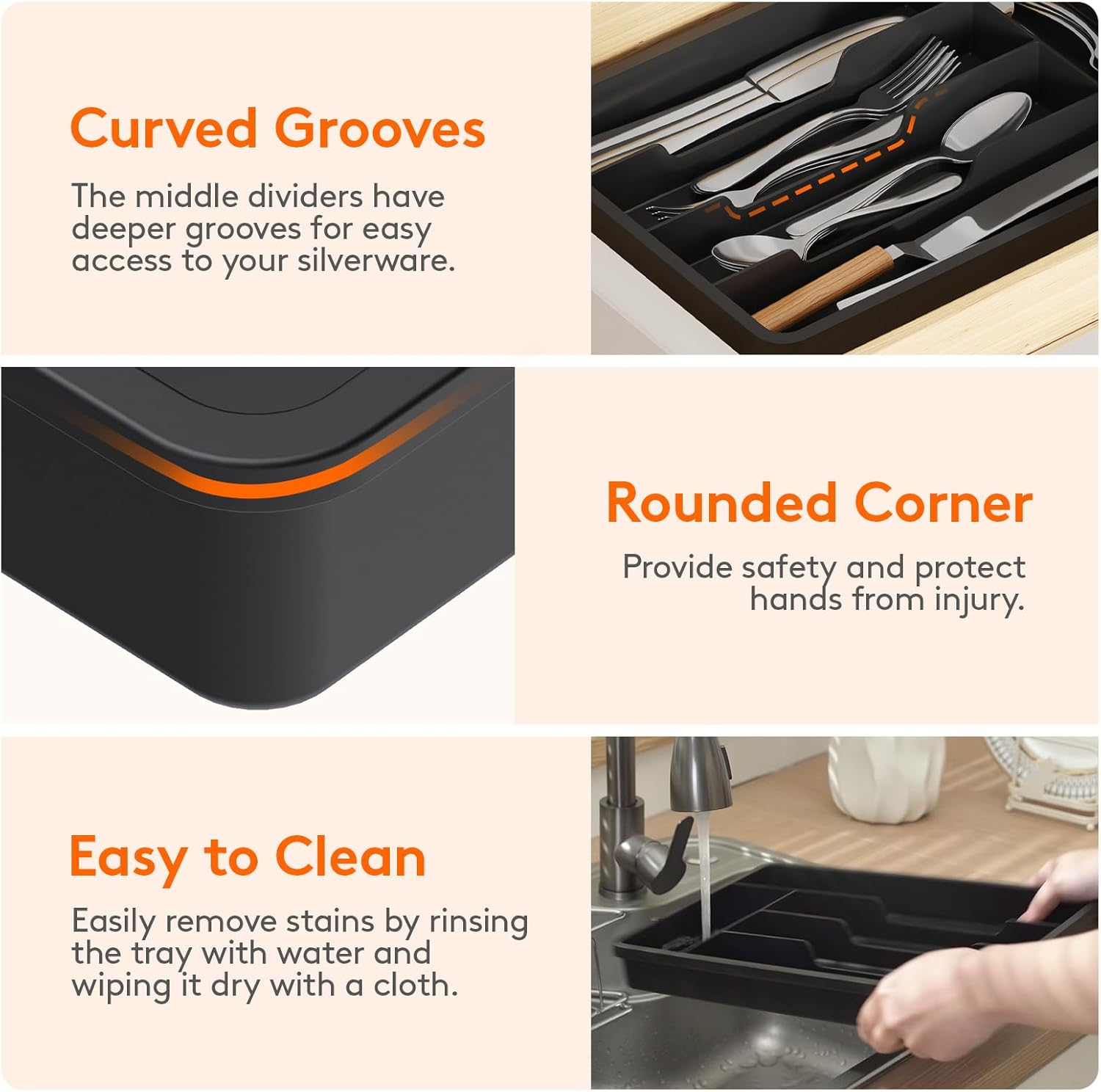 Lifewit Silverware Tray, Deep Wide Cutlery Drawer Organizer Storage for Kitchen, Plastic Flatware Utensil Holder Divider for Spoons Forks Knives Tableware, 5 Compartment, Black image number 1