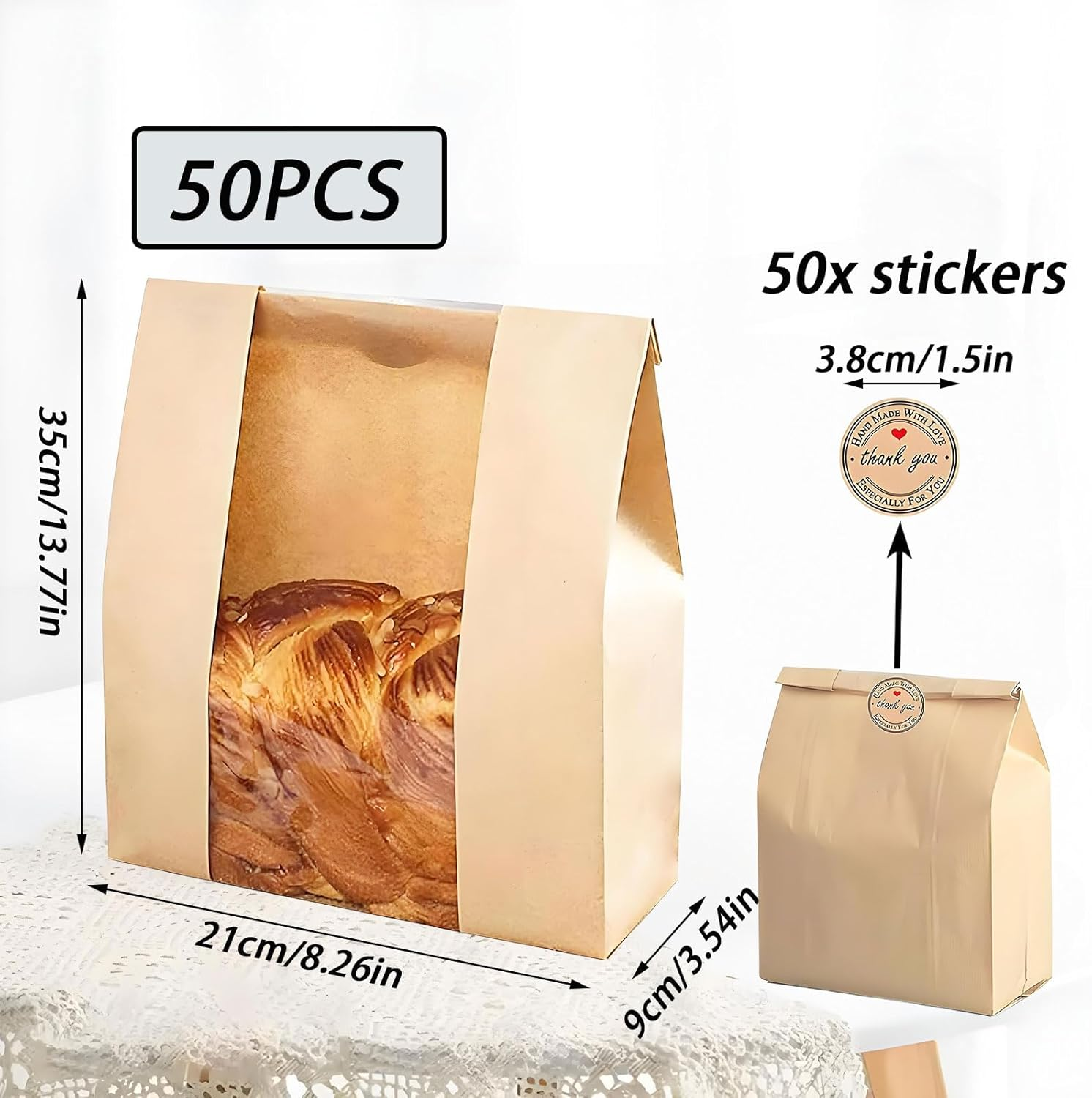 MYTOAU 50Pcs 13.7 X 8.3 X 3.5 Inch Large Paper Bread Bags for Homemade Bread,Sourdough Bag with Clear Window,Brown Kraft Bakery Bags,Kraft Toast Bags with Seal Stickers for Bakery,Treat Packaging image number 1
