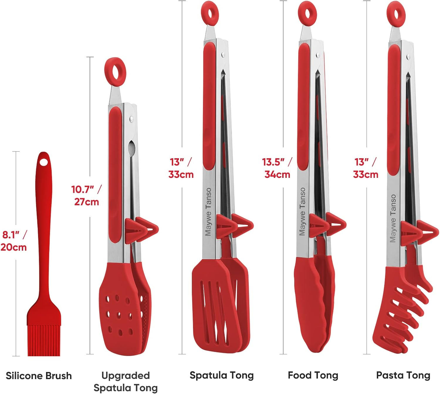 5-Pack Silicone Tongs for Cooking,Maywe Tanso 4PCS 13-Inch Cooking Kitchen Tongs with Silicone Tips,Nonstick Stainless Steel Tongs for Steak Pie Pizza Pasta Spaghetti Salad BBQ Buffet,Plus Brush - Red image number 3