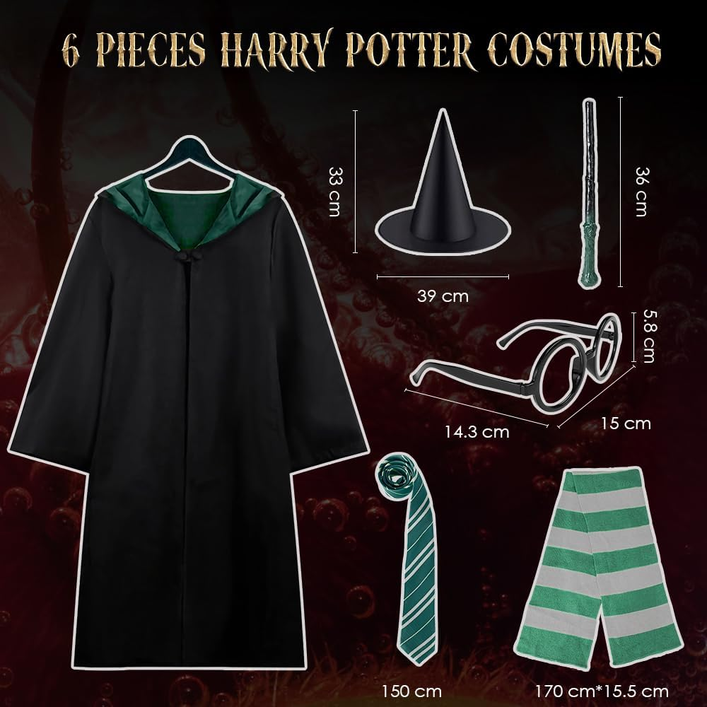 AUTOWT Unisex Wizard Cloak Costume Set for Adults, 6Pc Magician Wizarding Robe Outfits with Hooded Cape Magic Hat Wand Scarf Glasses Tie Movie Dress up Accessory for School Carnival Halloween Cosplay image number 6