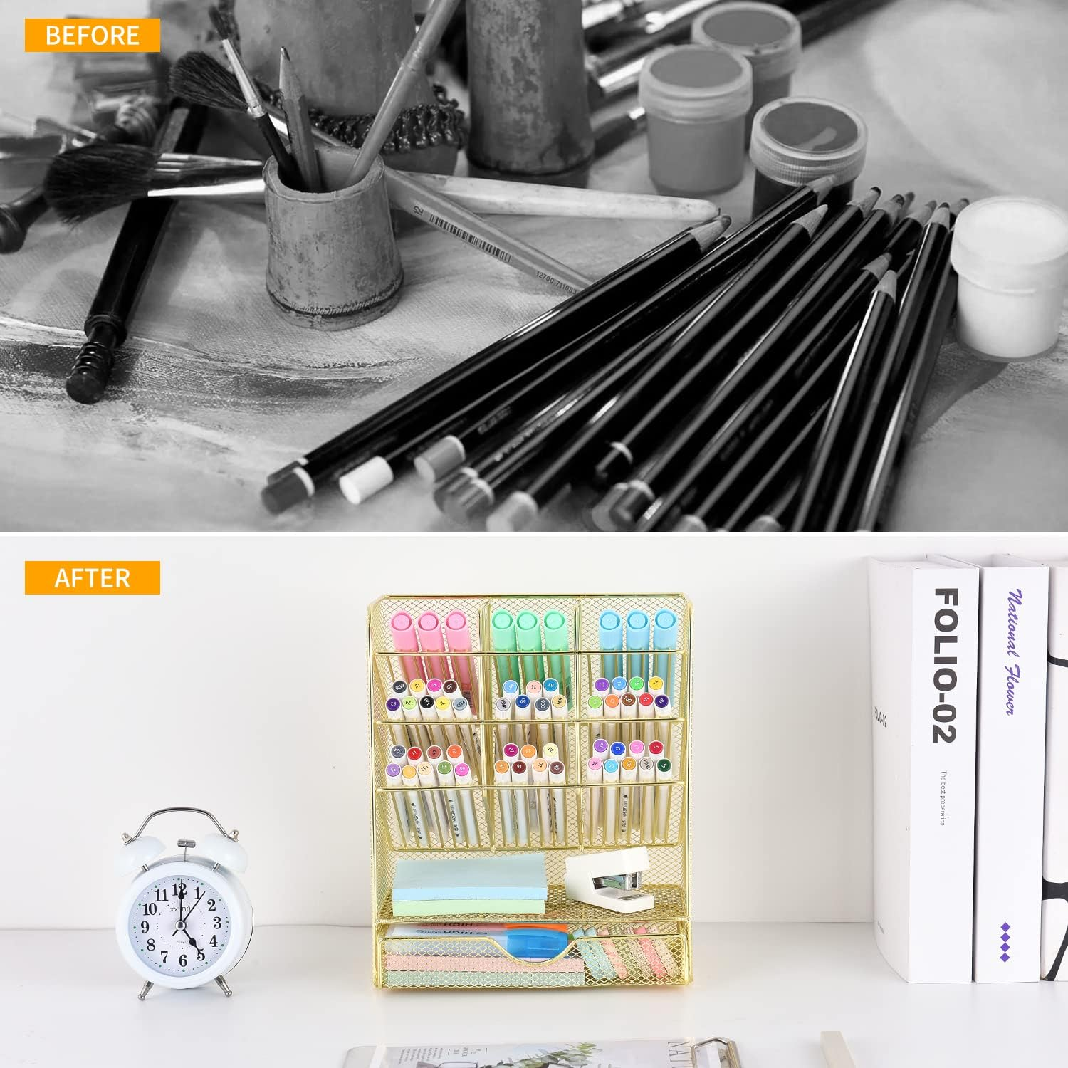 Spacrea Mesh Pen Organizer - Pencil Holder for Desk, Desk Organizer with Drawer for School, Home, Art Supplies (Gold) - Gold,Golden image number 3