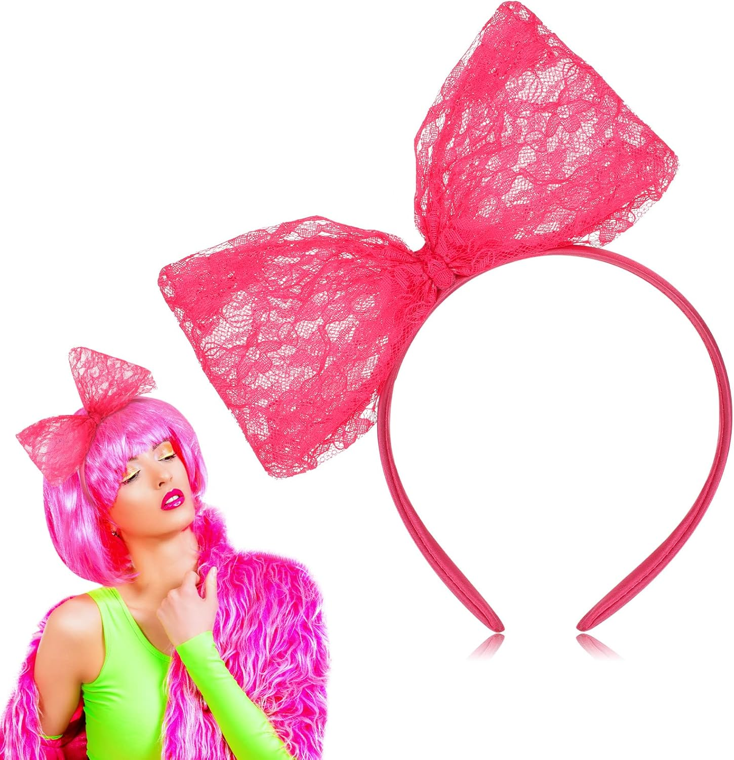 Xinnun Neon Lace Bow Headband for Women 80S Costume Headwear Lace Bow Hair Accessory 1980S Cosplay Accessories for 1980S Theme Party Halloween Hair Hoop Costume image number 2