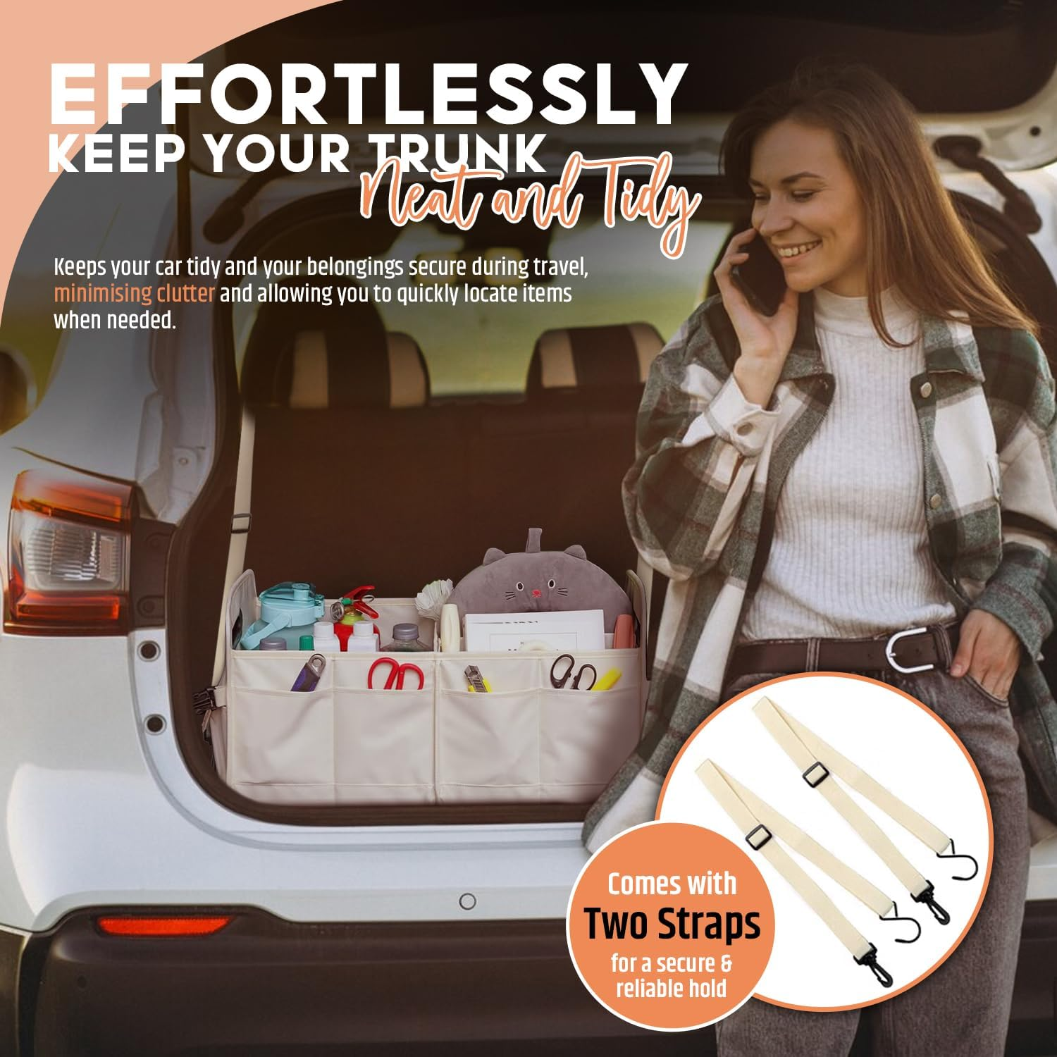 Car Boot Organiser with Super Capacity Storage &ndash; Collapsible, Car Trunk Organizer with Reinforced Handles, Adjustable Straps & Non-Slip Bottom &ndash; 2 Seatback Organisers for Suvs, Sedans, & Rvs - Black image number 4