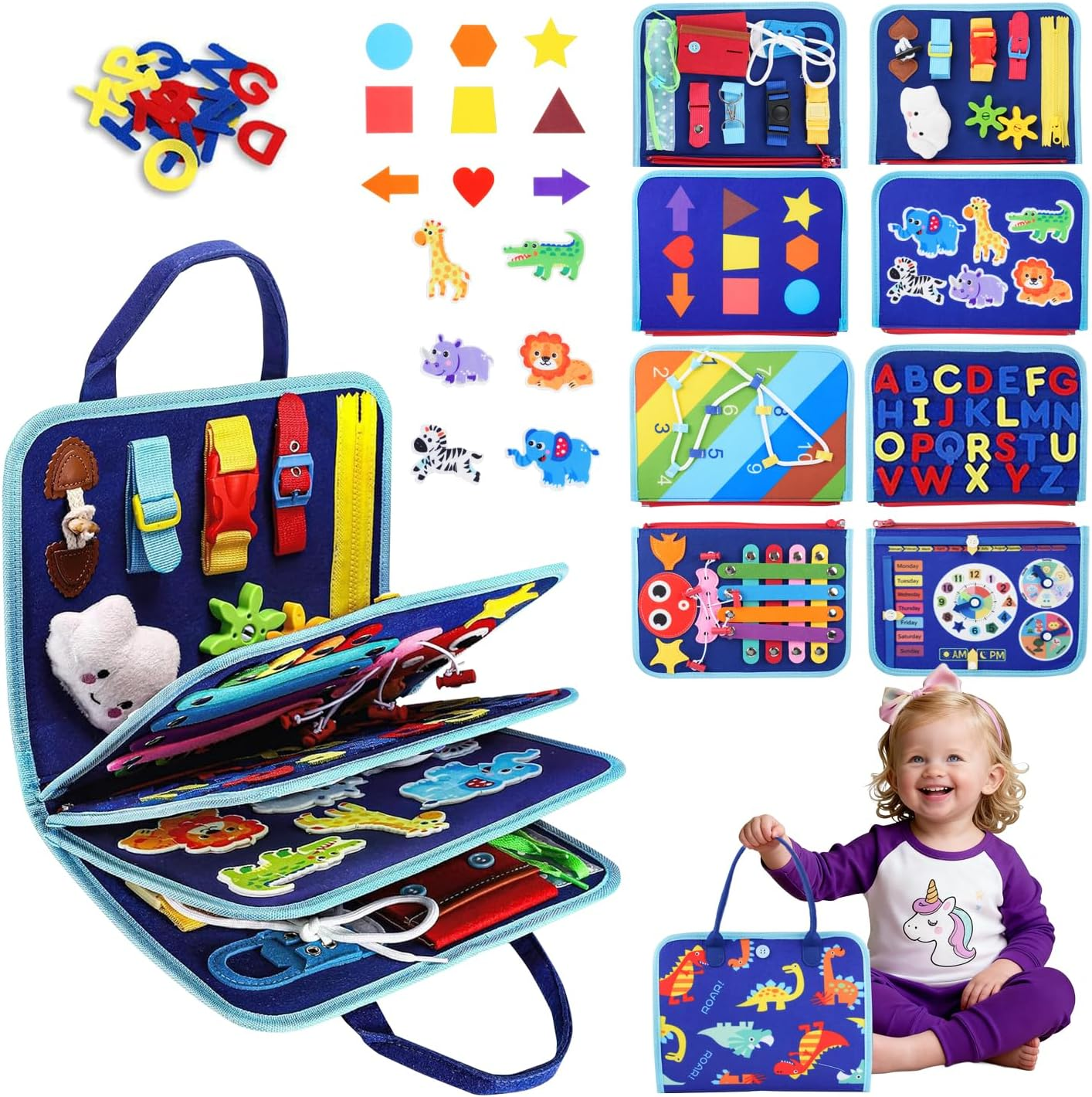 Xkimos Busy Board, Toddler Busy Board Montessori, Toddler Sensory Toys Preschool Educational Busy Book Travel for Toddlers 3 4 5 Year Old Girls Boys Plane Car Activities Baby Quiet Book (Blue) image number 3