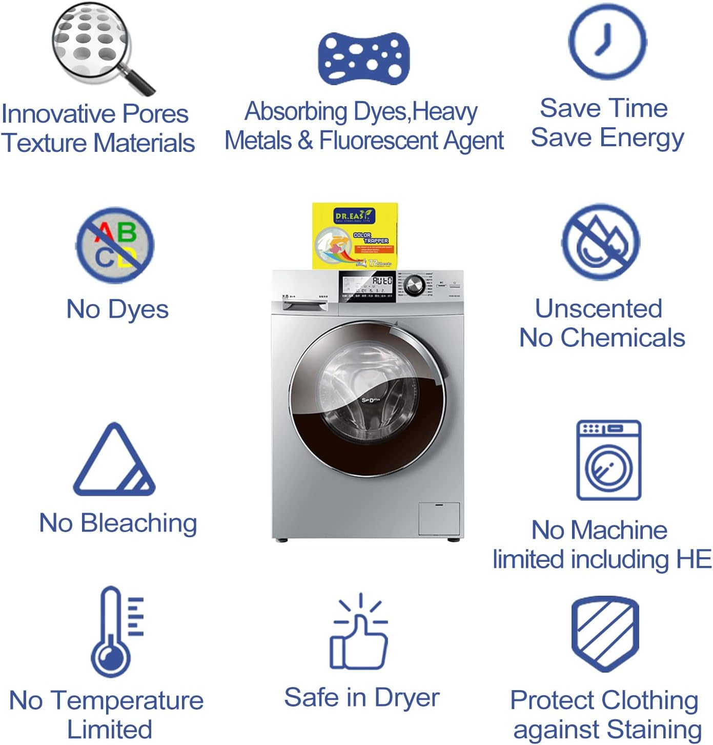 DR.EASY Color Trapper Sheets for Laundry 120Ct,Remove Dyes,Fluorescent & Heavy Metals in Laundry,Special Pores Texture Absorb Dyes & Fluorescent More & Faster,Unscented,No Chemicals,Safe in Dryer&hellip; image number 2