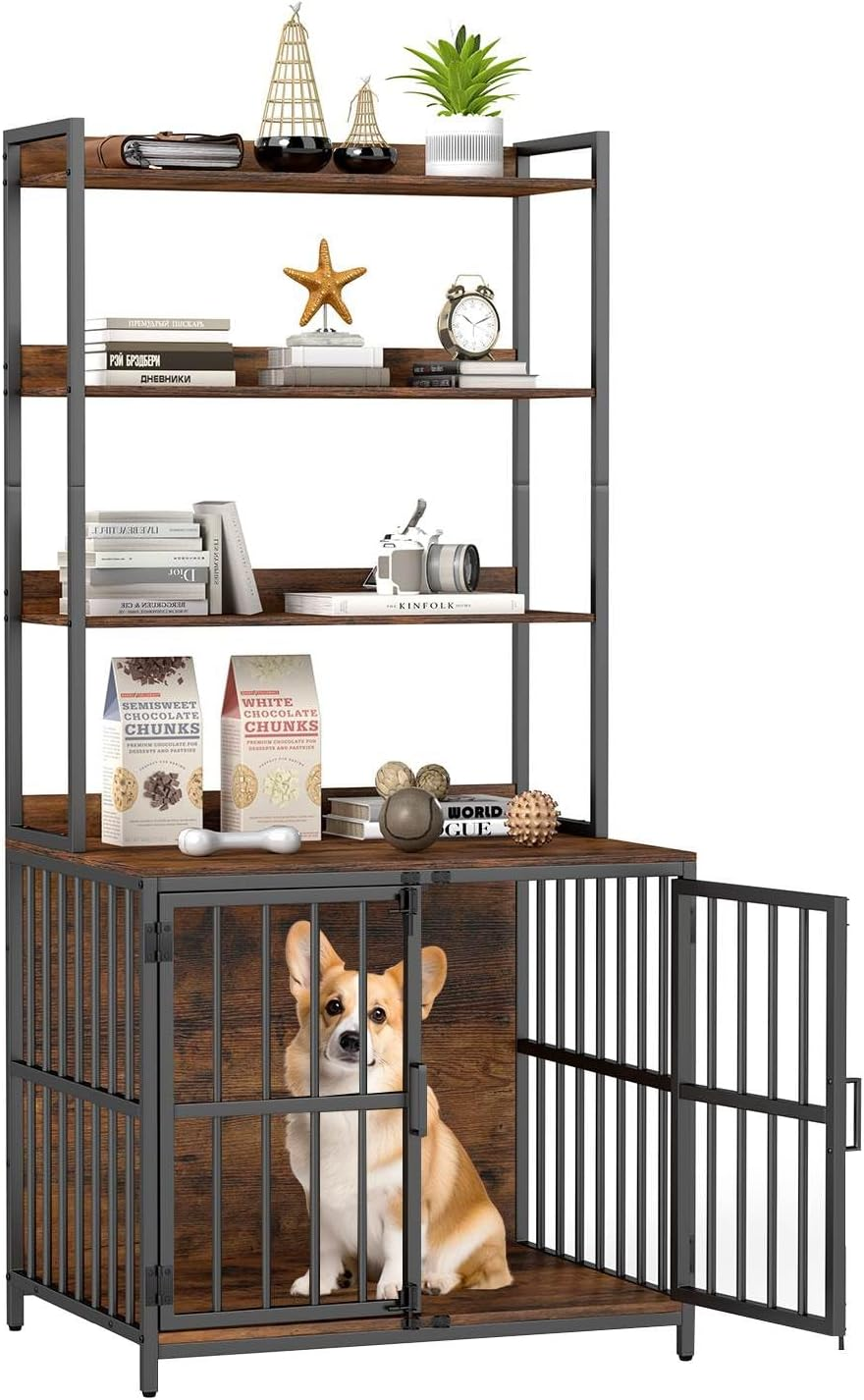 Costway Dog Crate Furniture W/Storage Shelves, Double Doors, Wooden Dog Kennel Table for Small & Medium Dogs, Heavy-Duty Chew-Resistant Wood Metal Dog Cage, Indoor Pet Furniture Dog House image number 1