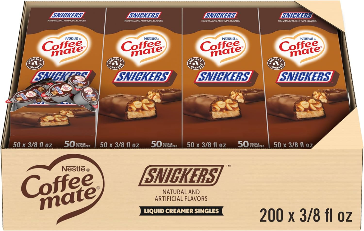 Nestle Coffee Mate Coffee Creamer, Snickers, Liquid Creamer Singles, Non Dairy, No Refrigeration, Box of 50 Singles (Pack of 4)