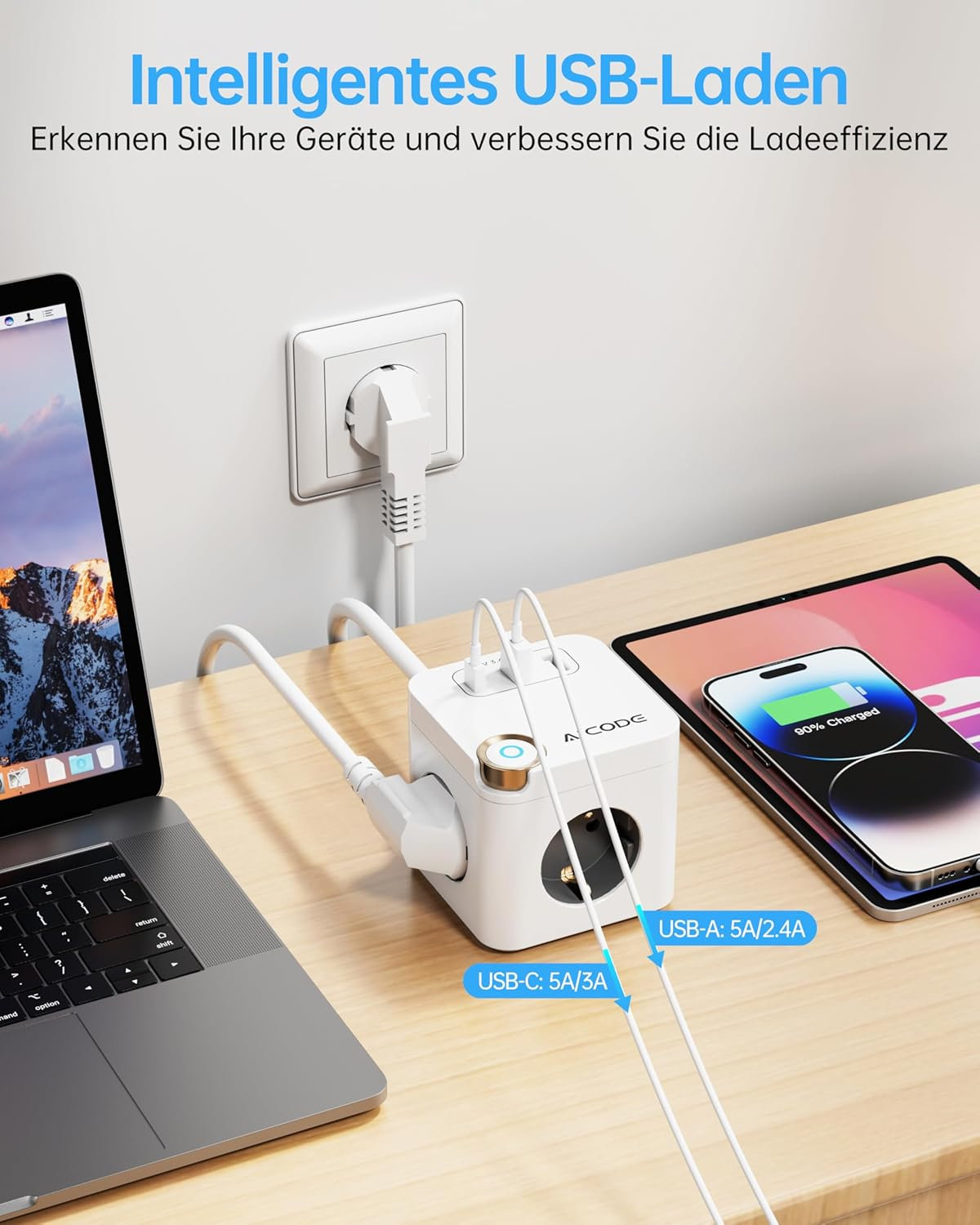 Multiple Socket Cube with USB 3 Way Power Strip with 3 USB (1 Type C) & Switch, 3680 W, 1.5 M Cable - Ideal for Office, Home & Travel, White image number 3