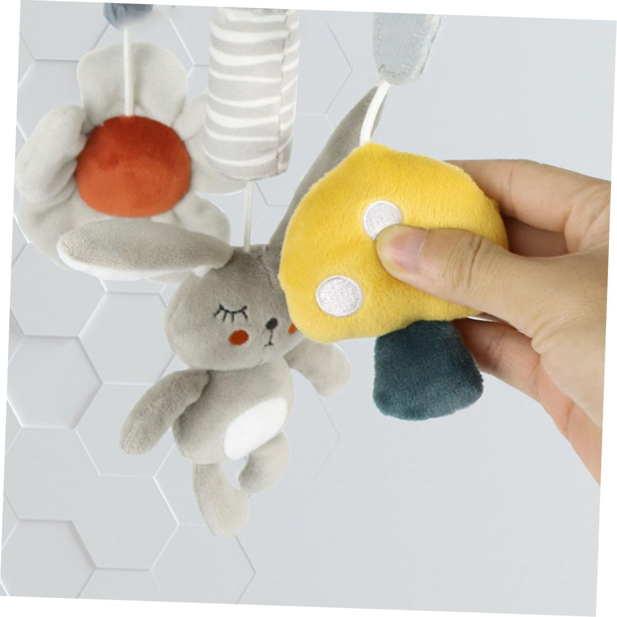 Plush Stroller Hanging Rattle with Built Sound Soft Sensory Crib and Car Seat Activity for Newborns Years Gray Bunny and Carrot Design Travel-Friendly