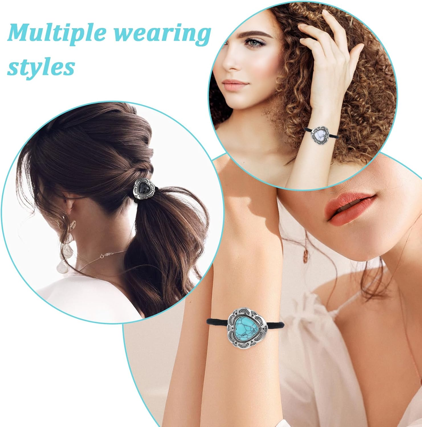 Ouligay 3 Pcs Western Ponytail Holders,Metal Boho Hair Ties with Turquoise,Boho Hair Ties Bracelet Hair Ties No Damage,Vintage Heart Hair Ropes,Silver Hair Bands,Hair Accessories for Women Girl image number 3