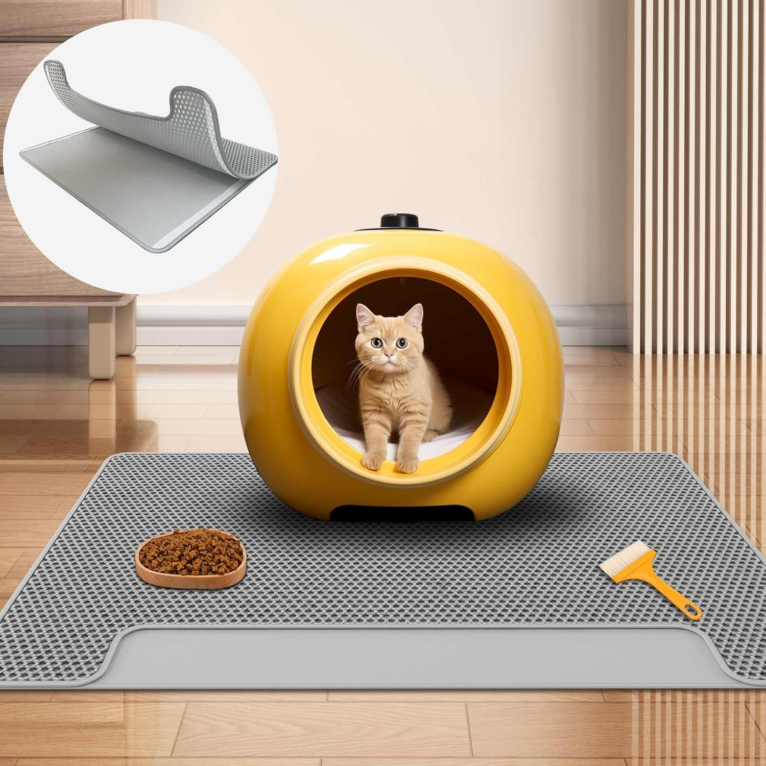 BREENHILL 70X58Cm Cat Litter Mat, Trapping Mat with Brush for Cat Litter Box Waterproof Easy Clean Double Layer Design Washable, Floor Protector-Xl-Grey image number 1