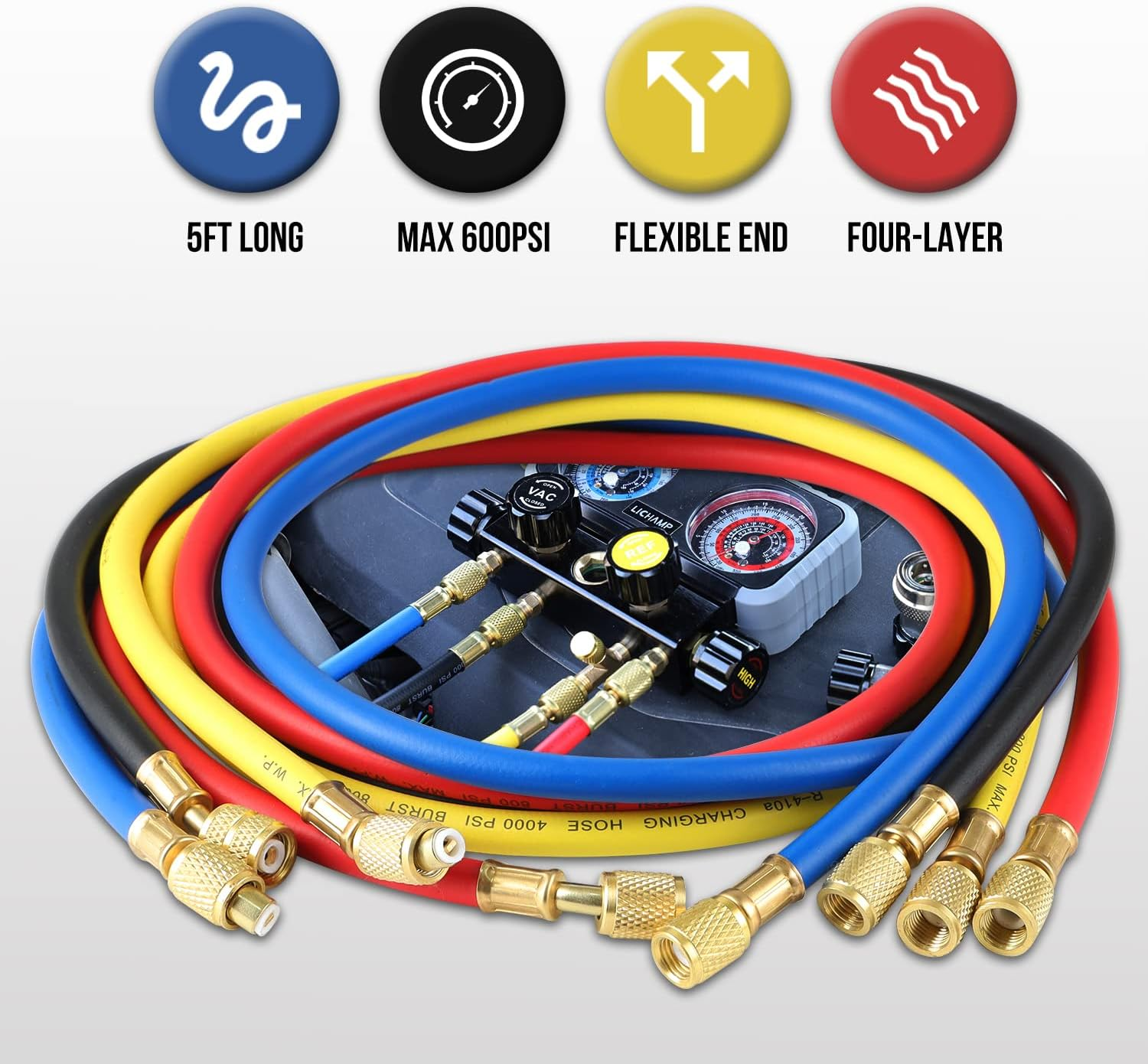 Lichamp AC R1234YF R134A Gauge Set, Automotive 4 Valve Manifold Gauge Compatible with R1234YF R134A and R404A Refrigerants, Works on Car Freon Charging and Evacuation image number 1