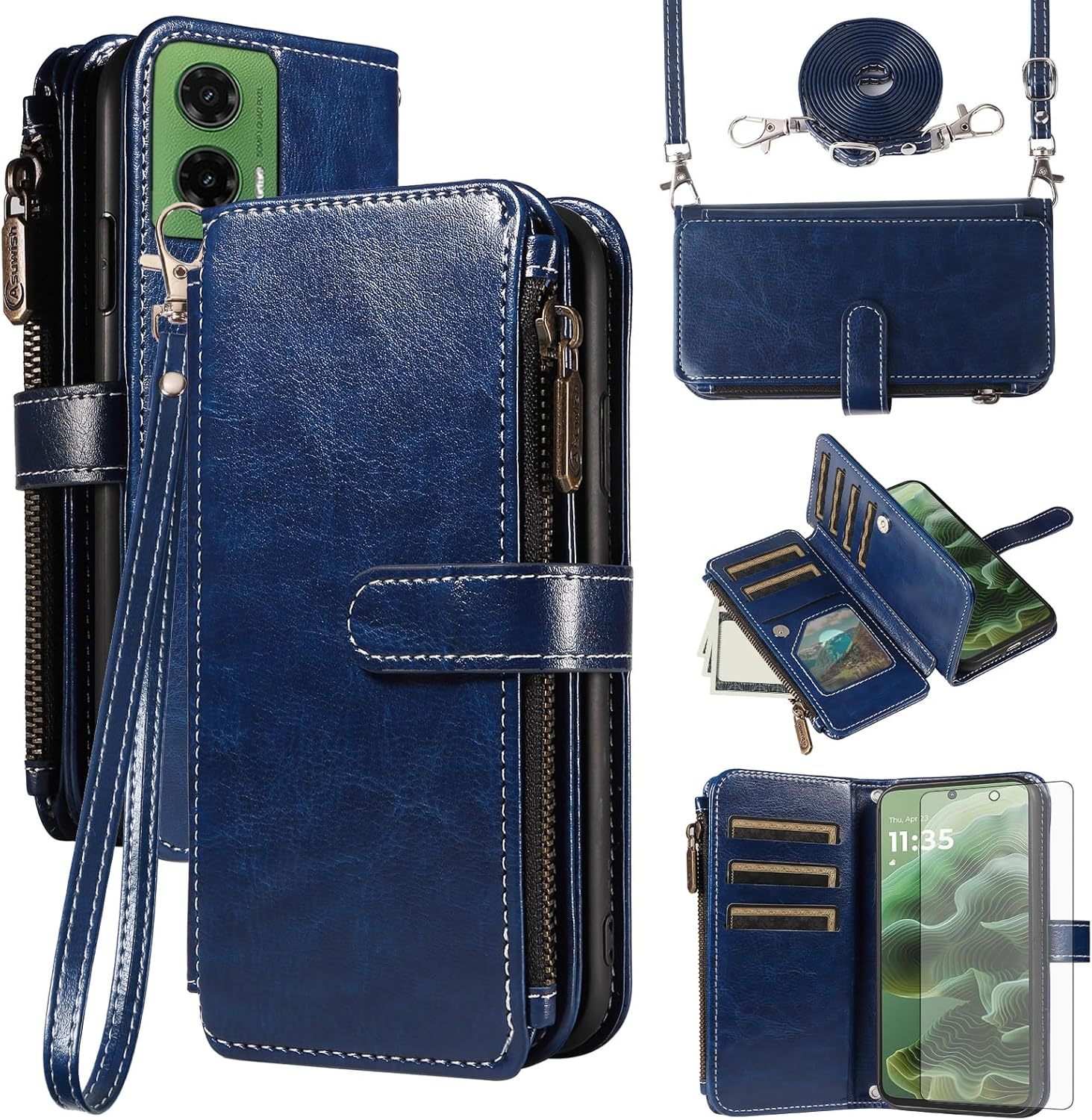 Asuwish Mobile Phone Case for Motorola Moto G35 5G Case with Strap Film Screen Protector Card Slot Foldable Leather Wallet Stand Motog35 G 35 Mobile Phone Cases Protective Zip Wallet Phone Case Brown