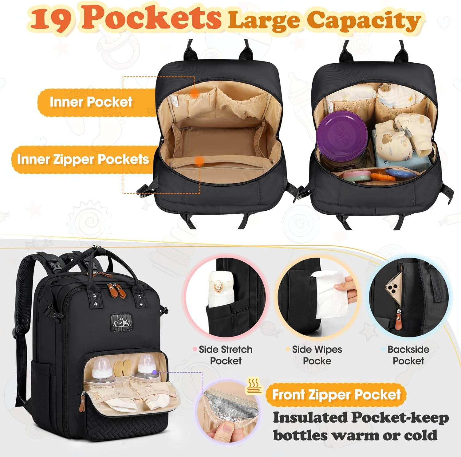 Diaper Bag Backpack, Large Waterproof Baby Bag with Changing Pad, Detachable Crossbody Bag & Stroller Straps Travel Diaper Backpack for Moms Dads Unisex Baby Essentials Organizer image number 2