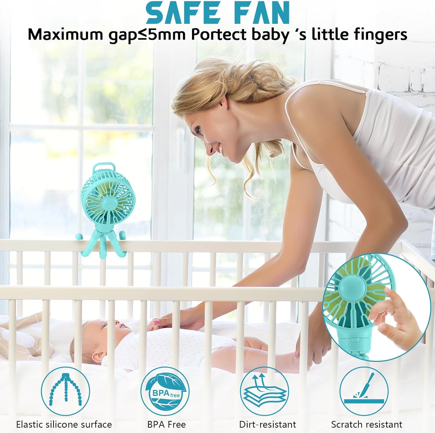 Snawowo Mini Portable Stroller Fan, Battery Operated Personal Small Handheld Fan with Flexible Tripod, 3 Speed Rechargeable Clip on Fan for Car Seat Crib Treadmill Travel Camping Blue image number 1