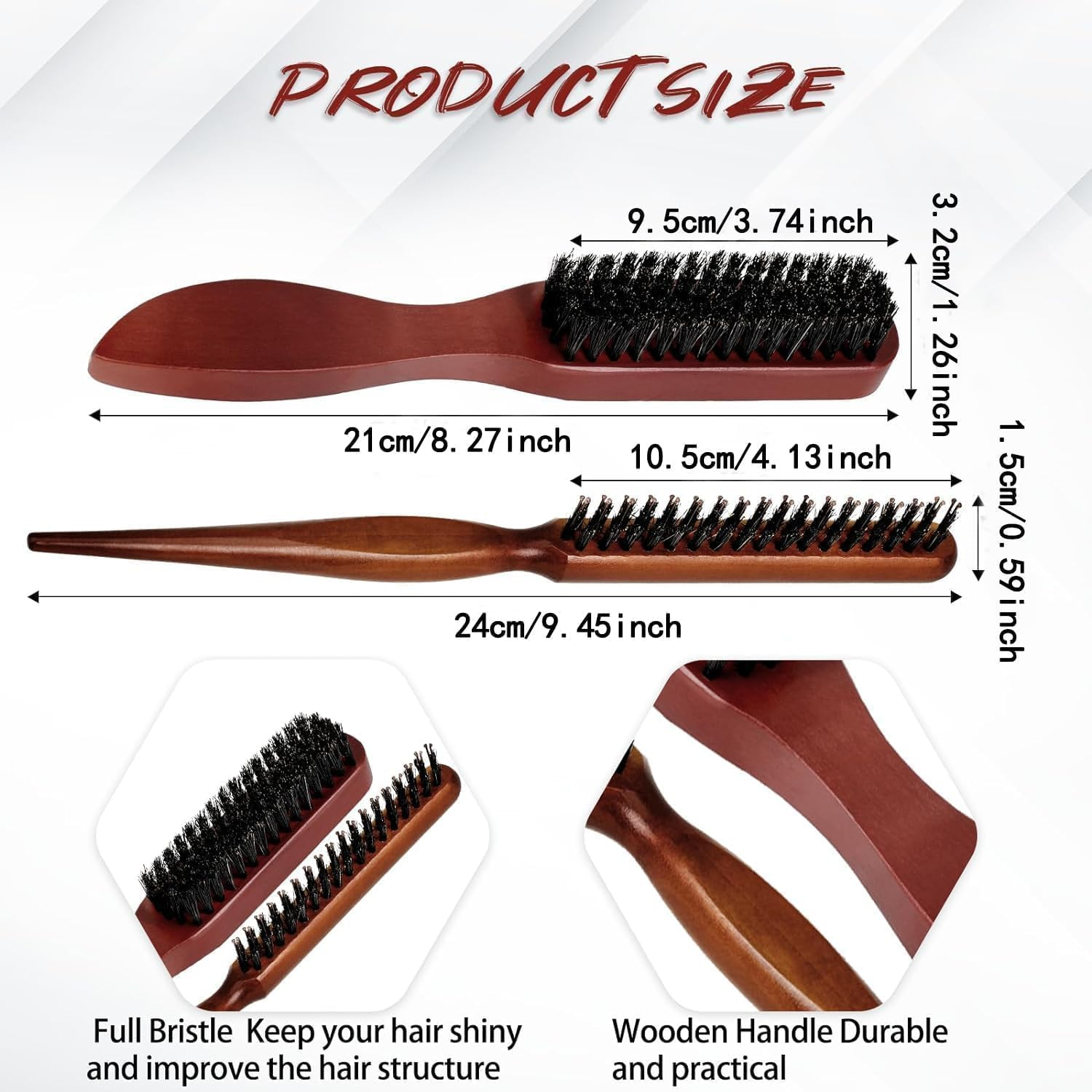 Boar Bristle Brush Slick Back Teasing Bristle Hair Brush, 3Pcs Wooden Handle Bristle Slick Back Teasing Boar Bristle Sleek Styling Hair Brushes,Wooden Boar Bristle Teasing Hair Brushes image number 5
