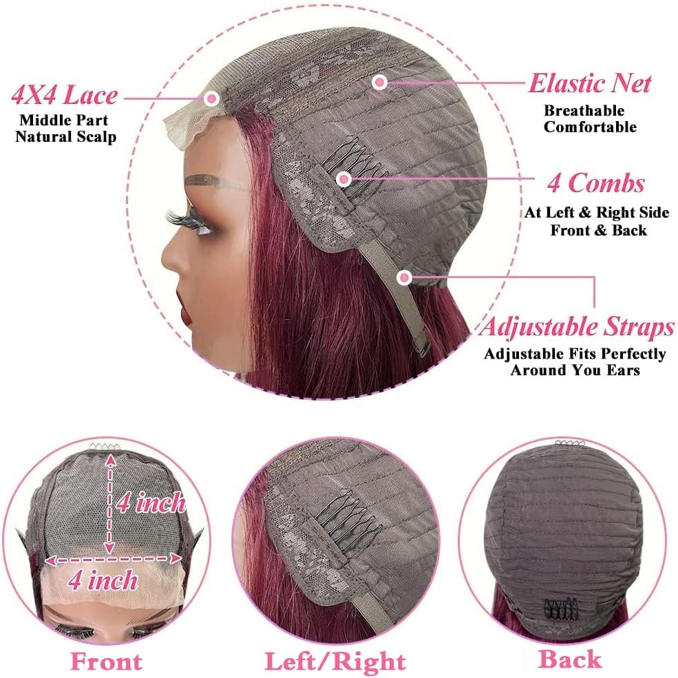 4X4 Burgundy 99J Human Hair Wigs for Black Women Glueless Pre Lined 150% Straight 10 Inch image number 1