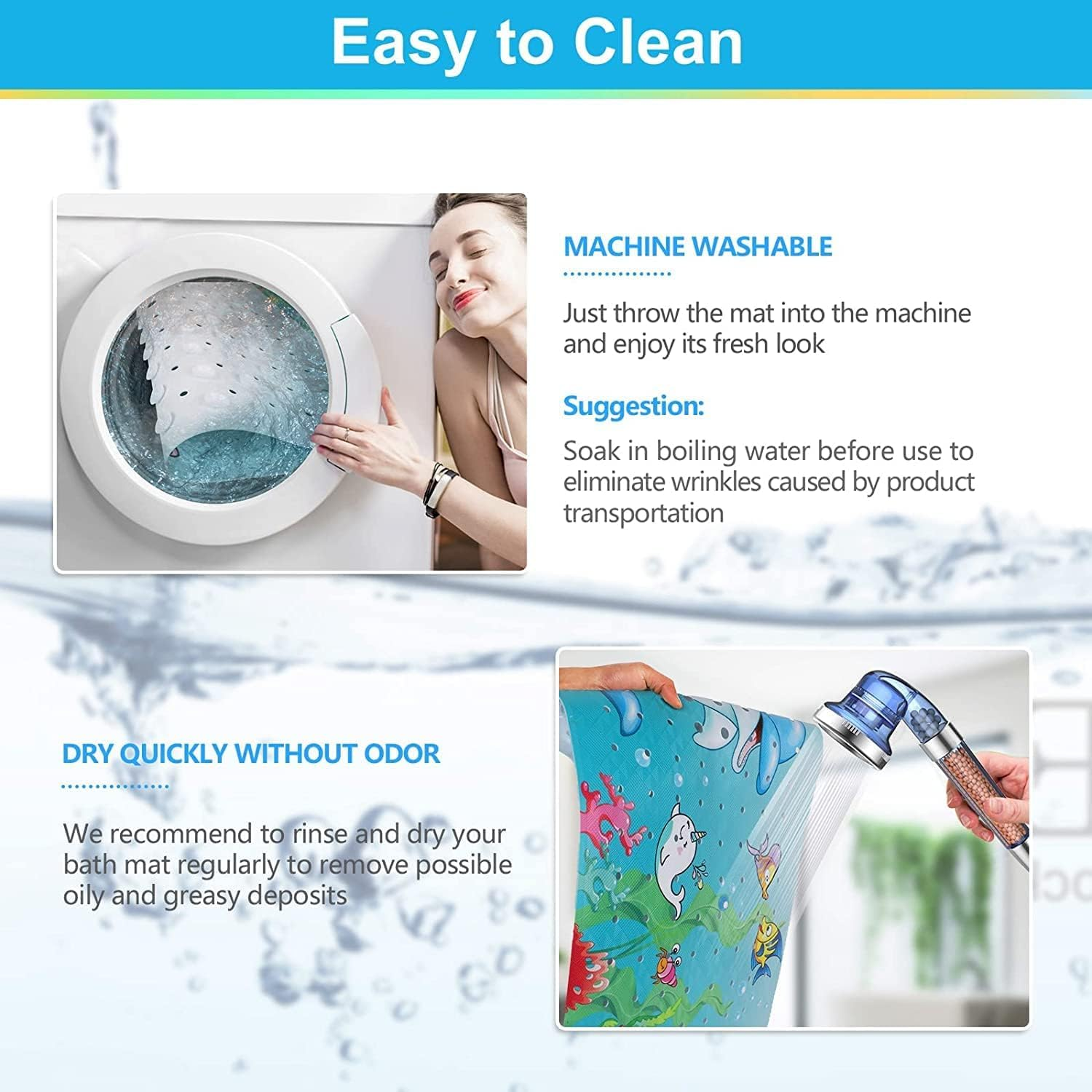 Fohouse Bath Mat for Tub for Kids Non Slip Baby Bathtub Mat Extra Long 40X16 Inch anti Slip Bathroom Toddler Shower Mat, Bath Mats with Suction Cups & Drain Holes, Machine Washable - B image number 7