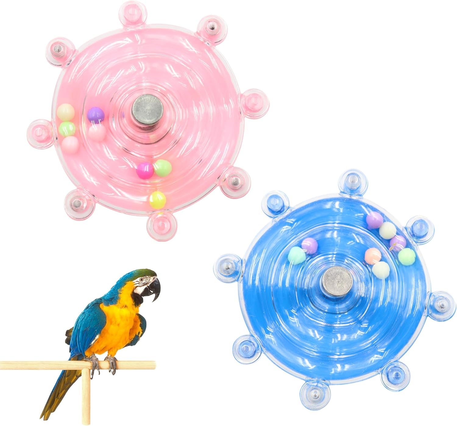 2 Colors Bird Toys for Parrots, Small Bird Cage Toys with Spinning Rattle, Hanging Roller Parakeet Cage Accessories for Chewing Exercise, Budgie Entertainment (Pink and Blue)