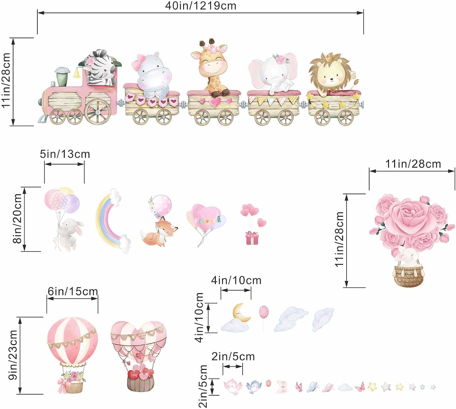 Amimagen Hot Air Balloon Animal Wall Stickers - Elephant Lion Giraffe Train Animal Wall Decals - Baby Nursery Kids Girls Bedroom Daycare Wall Decor image number 4