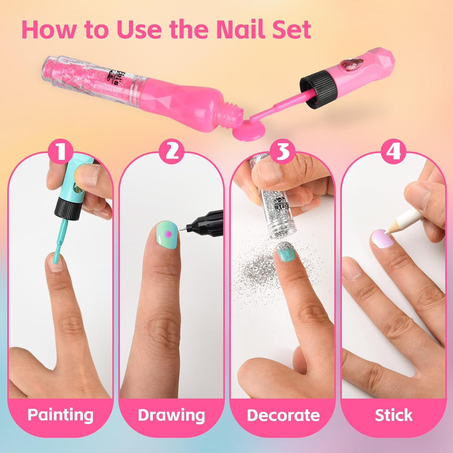 CYZAM Nail Art Studio for Girls, Nail Polish Kit for Kids Age 6-12, 3 in 1 Nail Polish Pen, Nail Dryer, Stickers, Glitter, Decoration Supplies, Non Toxic Nail Polish, Girls Stuff for Spa 6 7 8 9 10 12 Years