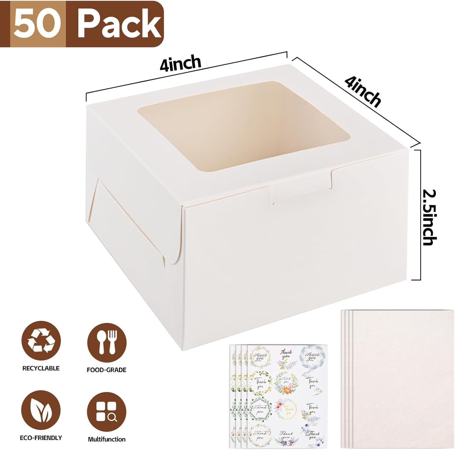 50Pcs White Bakery Boxes with Baking Paper for Convenient Wrapping, 4X4X2.5Inches, Sturdy & Adorable Pastry Gift Box with Window for Mini Desserts, Small Treats, Cookies and Party Favor Box. image number 6
