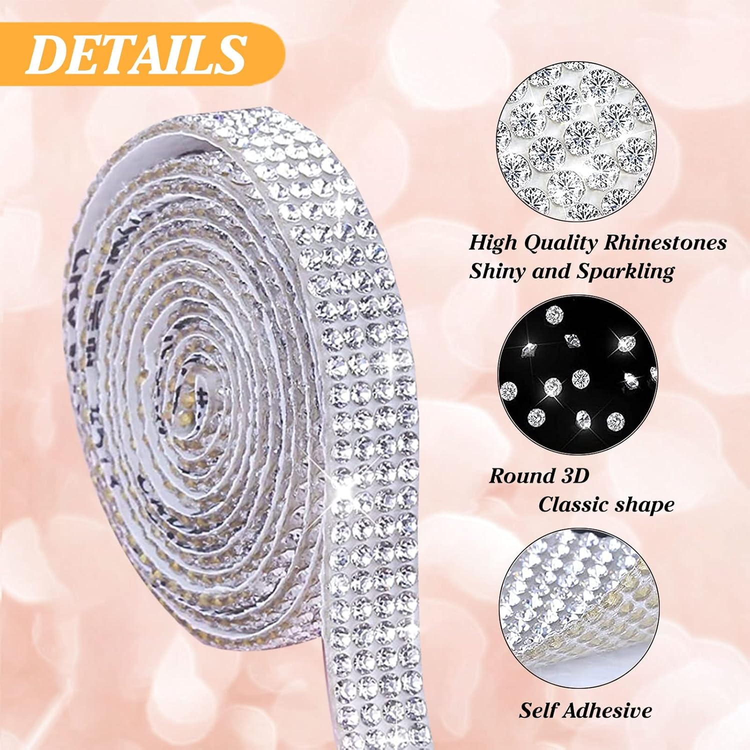 10 Rolls Self Adhesive Rhinestone Ribbon Crystal Diamond Sticker Bling Ribbon DIY Decoration with 2 Mm Rhinestones for DIY Arts Crafts,Wedding Party Decor,Car Phone Decoration.(Each Roll 1 Yard) image number 2
