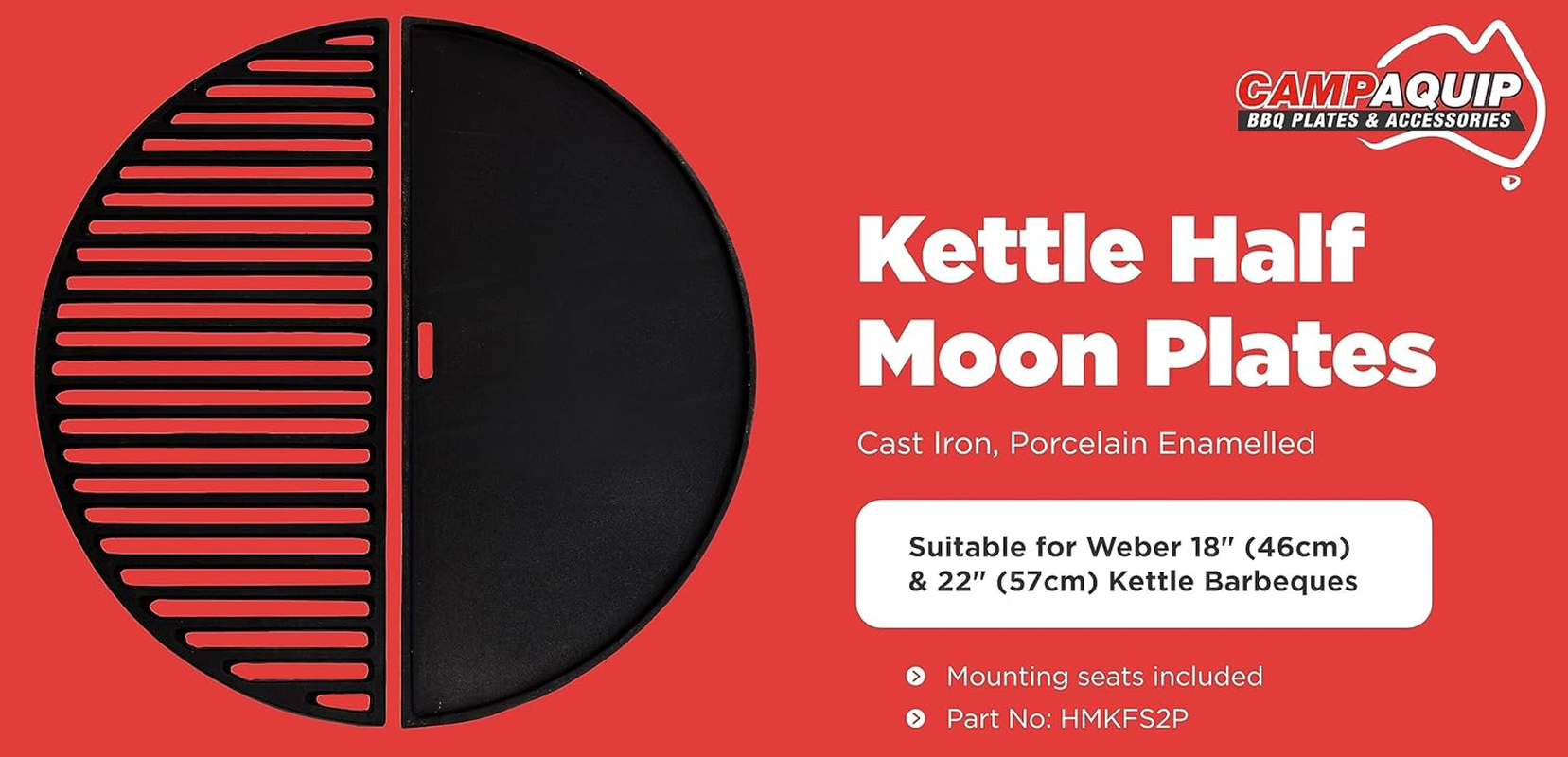 CAMPAQUIP Halfmoon Plate Set | Fits Weber Kettle BBQ & 22-Inch (57Cm) Kettle Grill | Cast Iron Cooking Accessories | 56Cm X 28Cm X 4Cm image number 4