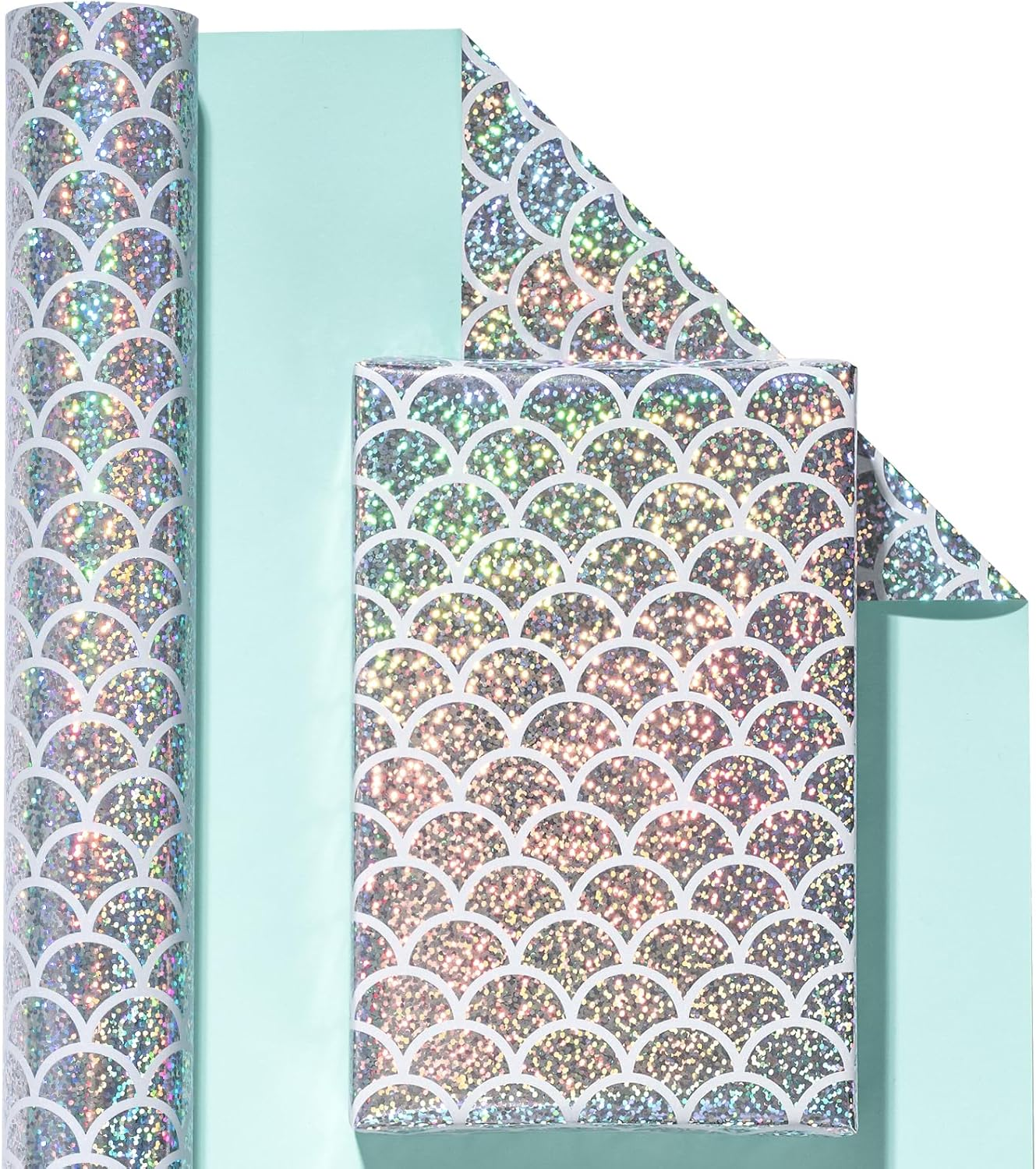 WRAPAHOLIC Reversible Wrapping Paper - Mini Roll - 17 Inch X 33 Feet - Scal with Colorful Foil and Solid Light Mint Design for Birthday, Baby Shower, Party, Holiday - Colorful Scale With Foil image number 5
