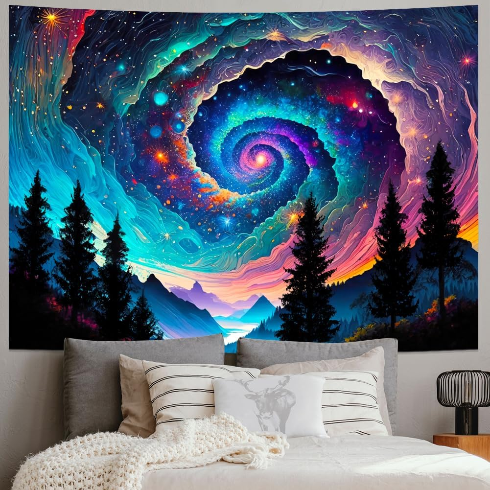 Galaxy Space Tapestry Colorful Starry Sky Tapestry Trippy Mountain Tapestries Misty Forest Tapestries Fantasy Landscape Wall Hanging Decor for Home image number 5