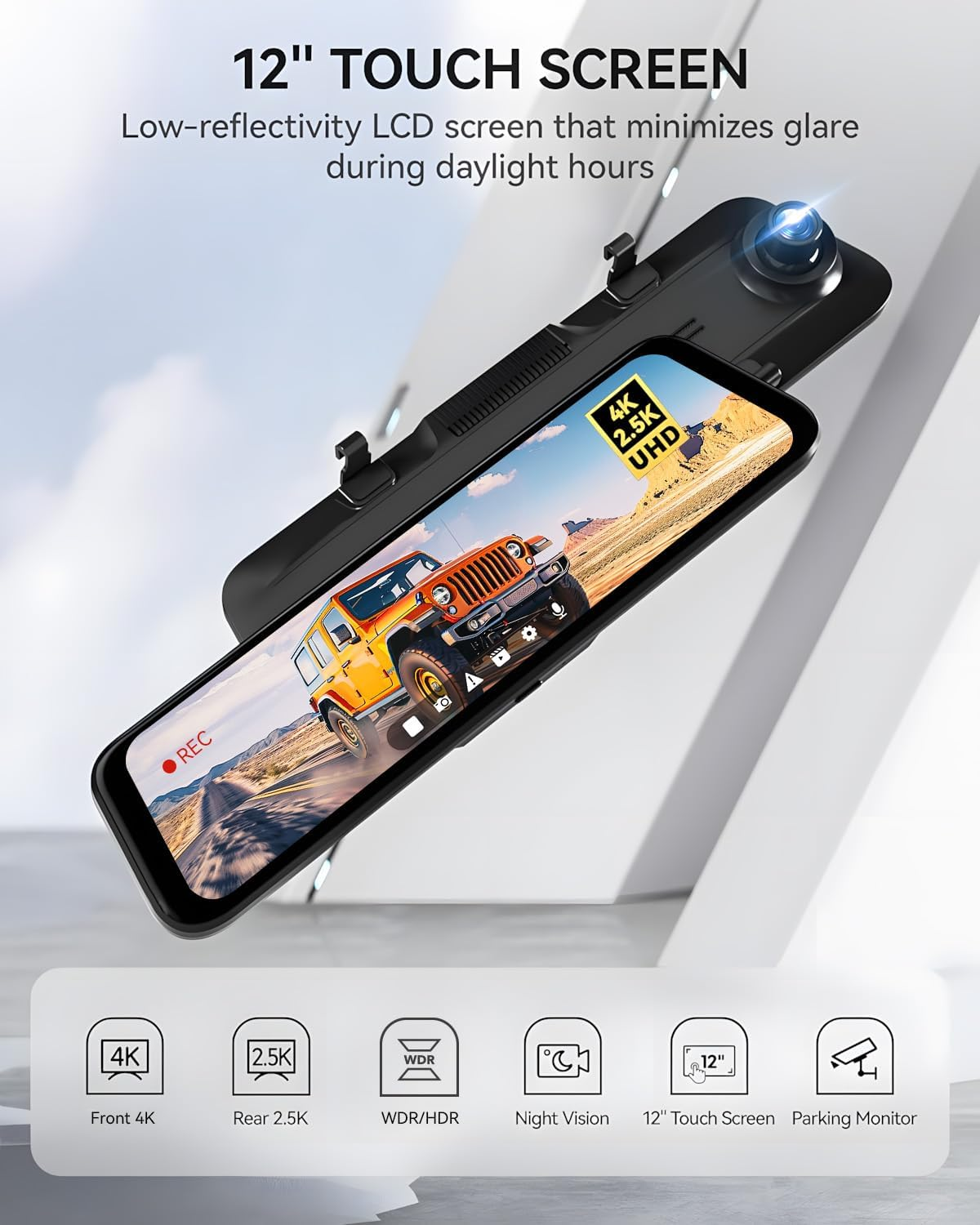 WOLFBOX 12" Rear View Mirror Dash Cam, 4K Mirror Dash Cam with 2.5K Rear Camera, Smart Full Touch Screen Backup Camera for Car, Dash Cam with WDR Camera,Night Vision,Free 64GB Card & GPS image number 4