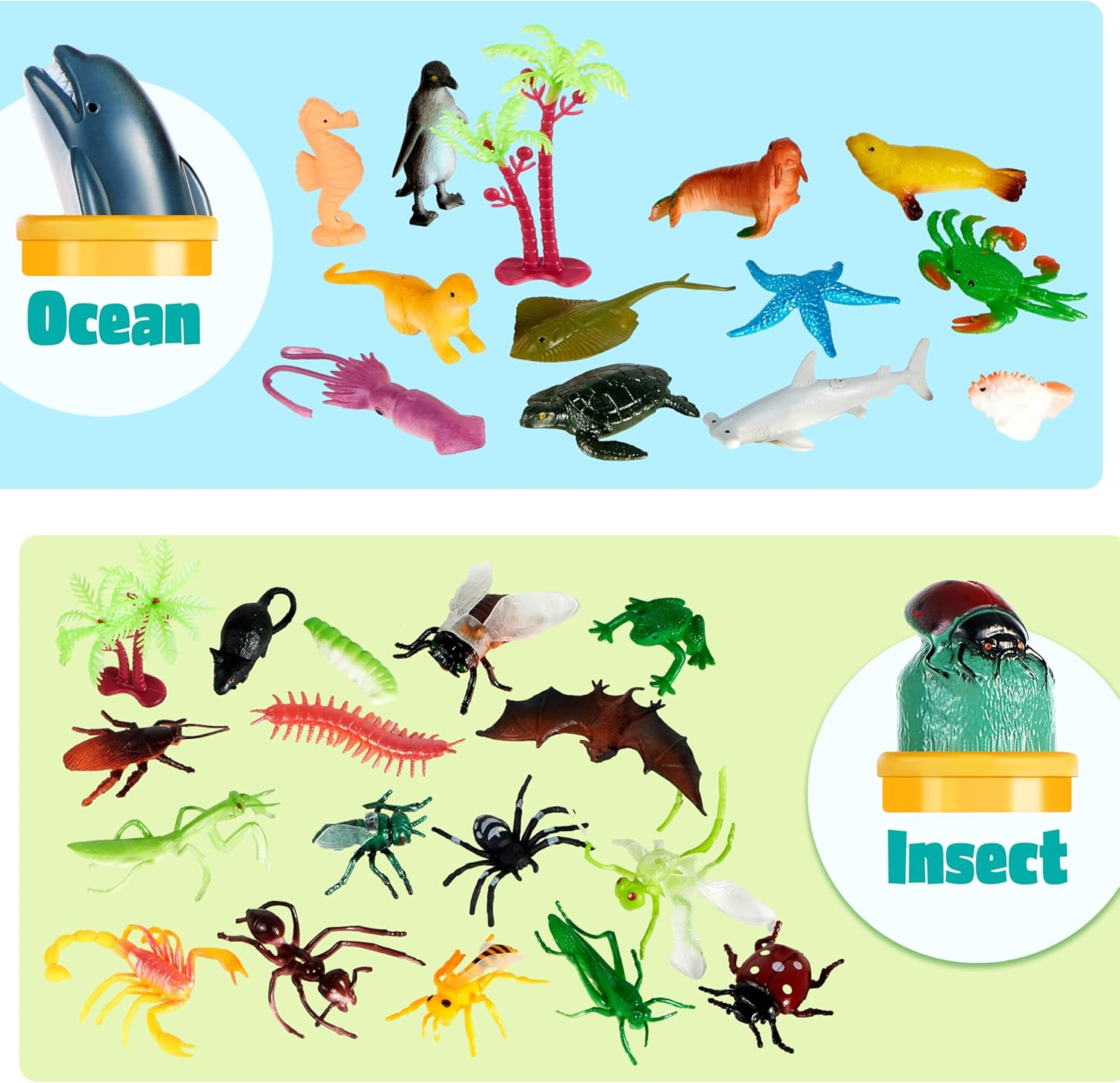 JOYIN 69 Pcs Small Animal Figures, Mini Jungle Toy Set with Sensory Bin, Realistic Wild Forest Playset, Zoo, Ocean, Farm Animals Figurines, Dinosaur Party Favors, Gifts for Boys and Girls, Kids 3-5