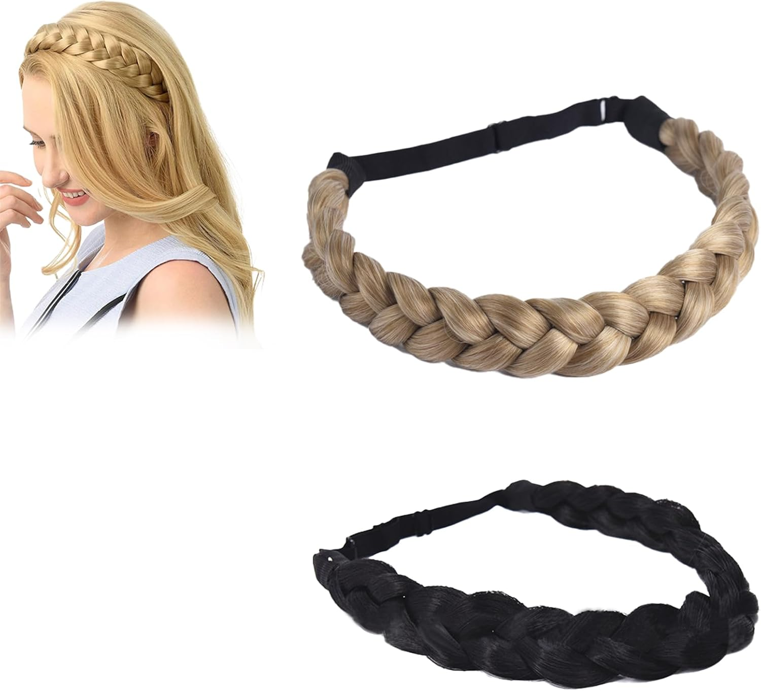 Zynewa Pack of 2 Braided Headbands, 3 Strands, Synthetic Hair, Braided Headband, Classic Chunky Elastic Synthetic Headband image number 6