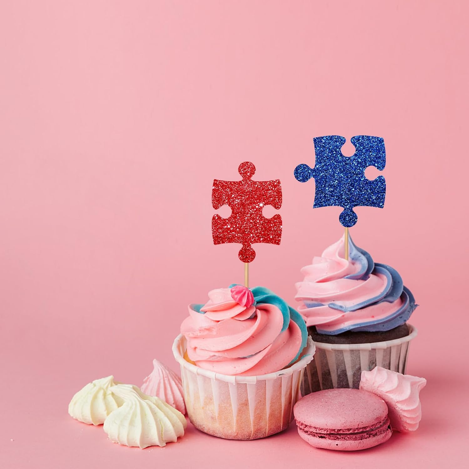24Pcs Puzzle Cupcake Toppers, Primary Colored Puzzle Cupcake Toppers, Colorful Glitter Puzzle Cake Decoration for Baby Shower, Kids Birthday/Autism Themed Party Supplies image number 4