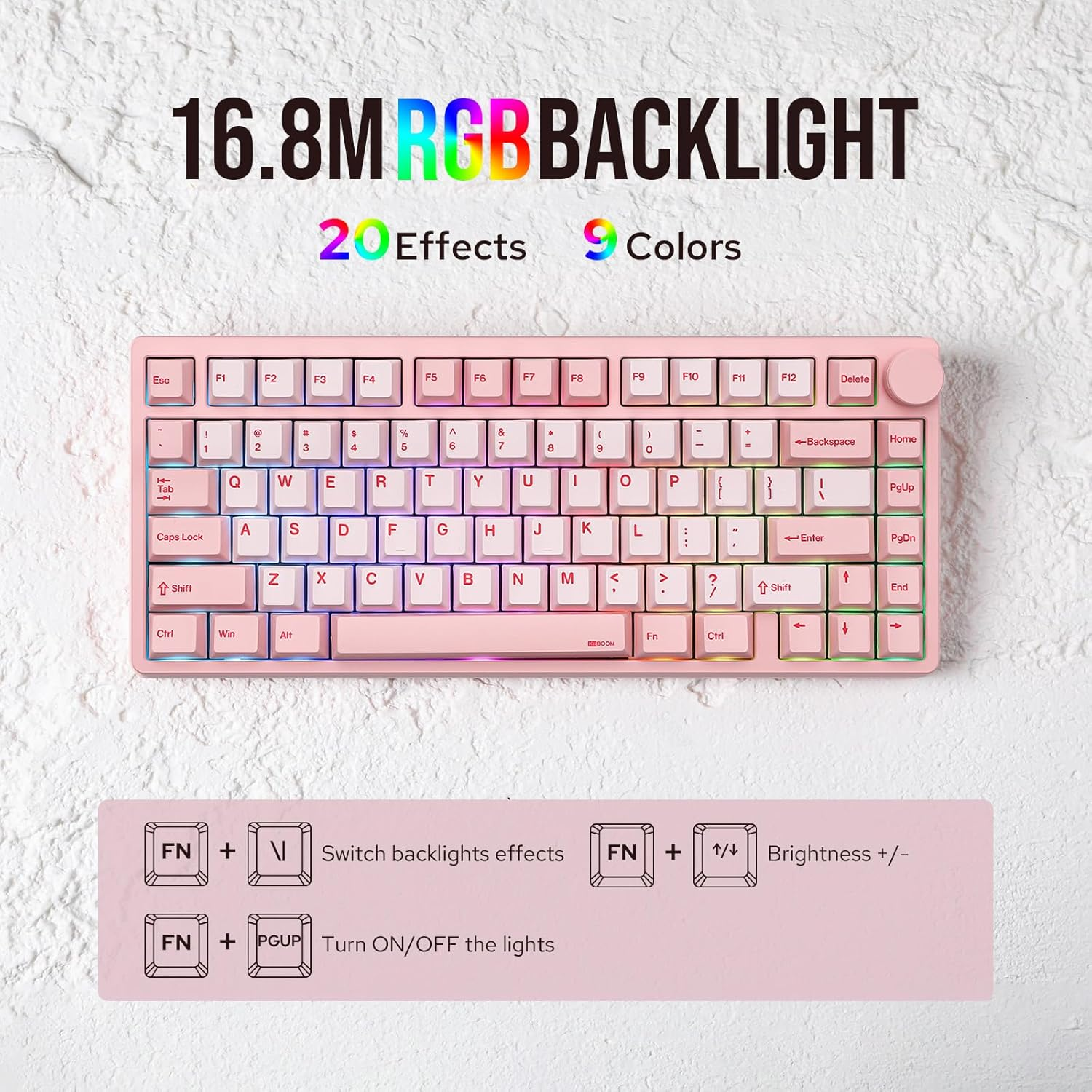 Kiiboom Moonshadow V2 75% Wireless Aluminum Gaming Keyboard, QMK&VIA Programmable, Bt5.0/2.4Ghz/Usb-C, Hot-Swappable Creamy Mechanical Keyboard with FR4 Plate, Knob, 4000Mah Battery (Pink)