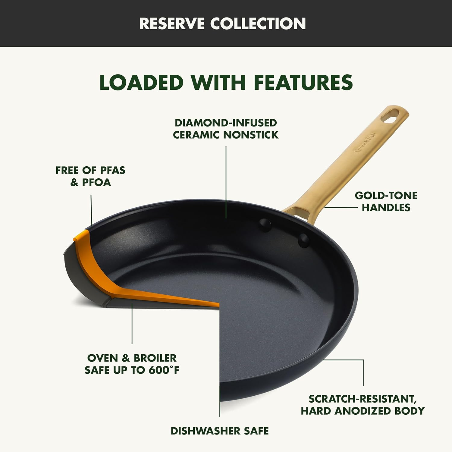 Greenpan Reserve Hard Anodized Healthy Ceramic Nonstick, 8" 10" and 12" 3 Piece Frying Pan Skillet Set, Gold Handle, Pfas-Free, Dishwasher Safe, Oven Safe, Black image number 5