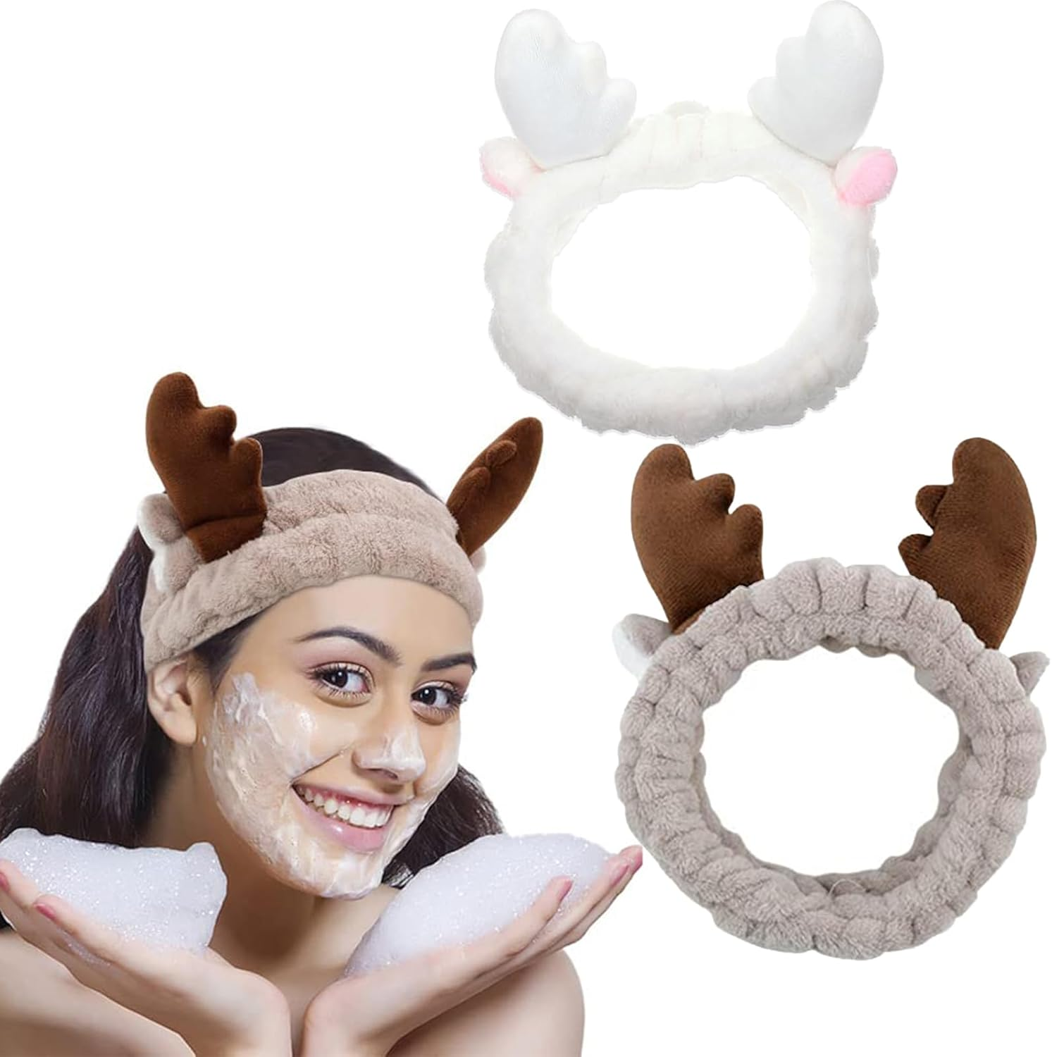 Pack of 2 Hair Bands, Cosmetics, Coral Fleece Makeup Hair Bands, Elastic, Cosmetic Headband, Wide Brim, Coral Fleece, Washing Face Head Wrap for Shower, Skin Care, Make-Up, Sports (White + Coffee) image number 5