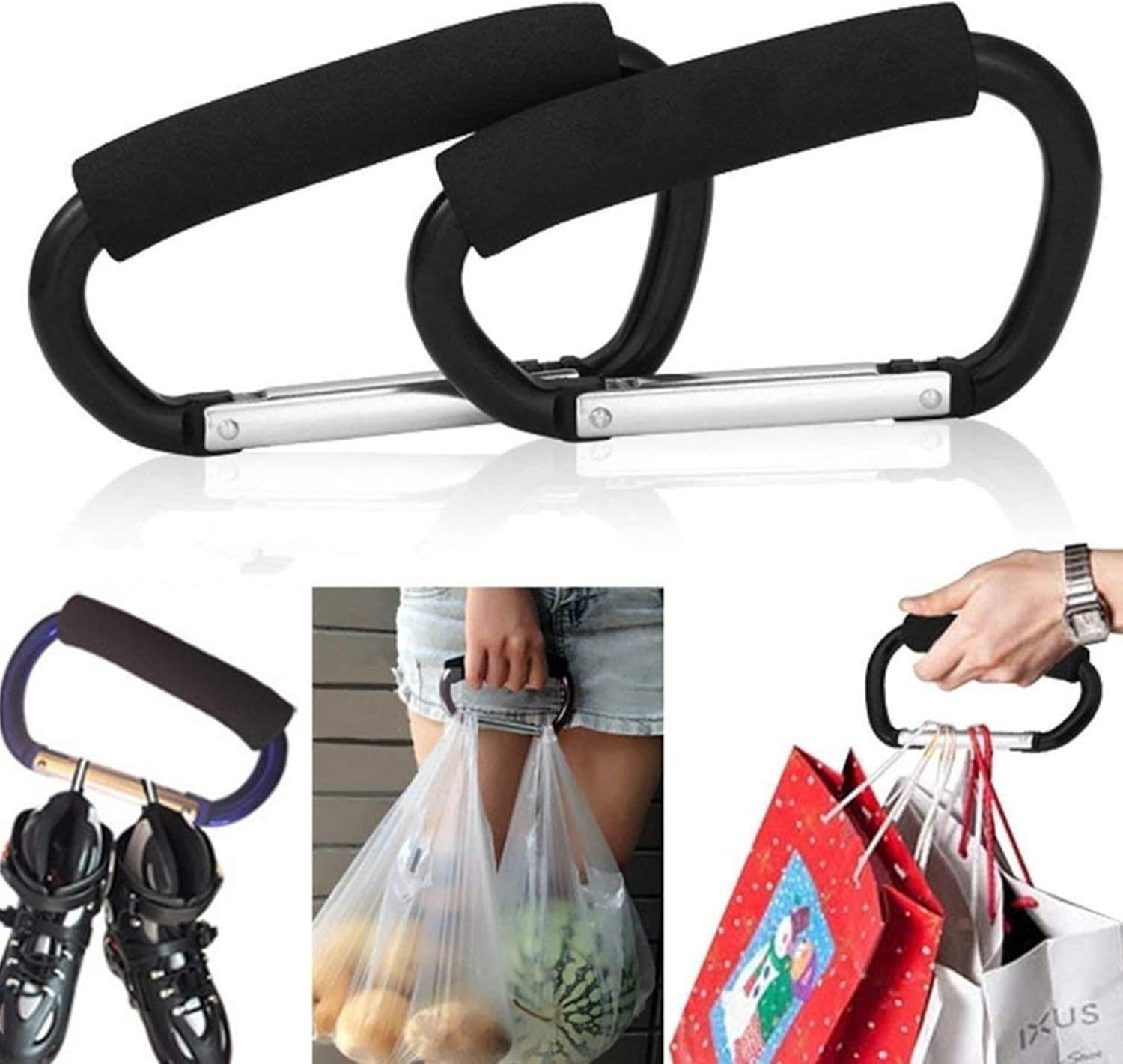 2 Packs Large Stroller Hooks, Aluminum Grocery Bag Handle Organizer Hook or Diaper Bags Holder- Black image number 2